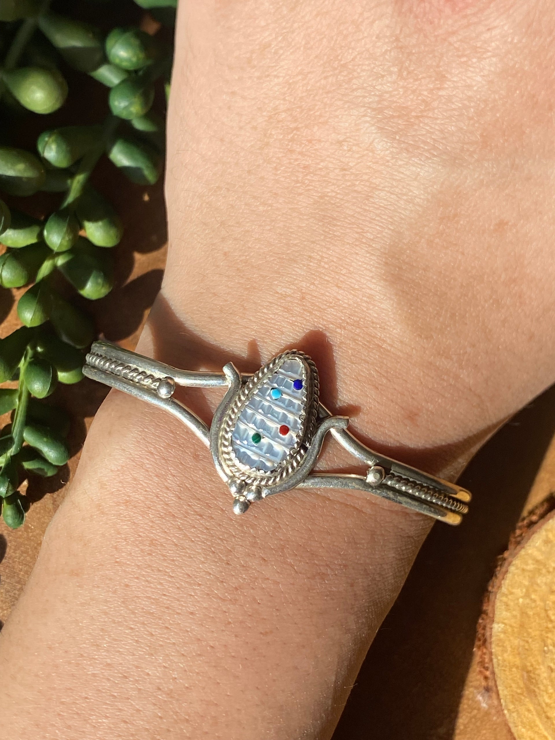 Zuni Handmade Multi Stone & Sterling Silver Corn Cuff Bracelet