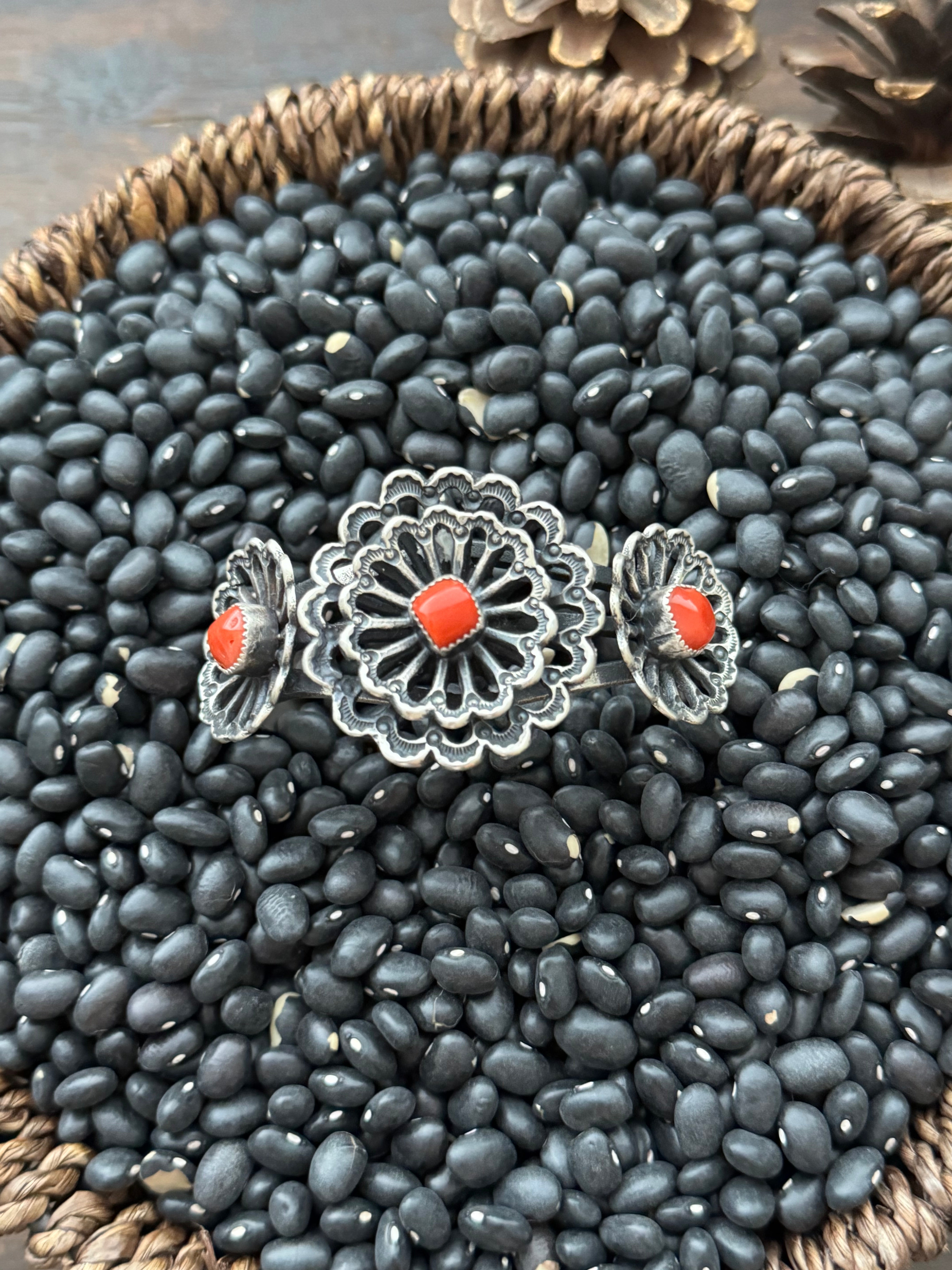 Kindale Billah Mediterranean Coral & Sterling Silver Flower Cuff Bracelet