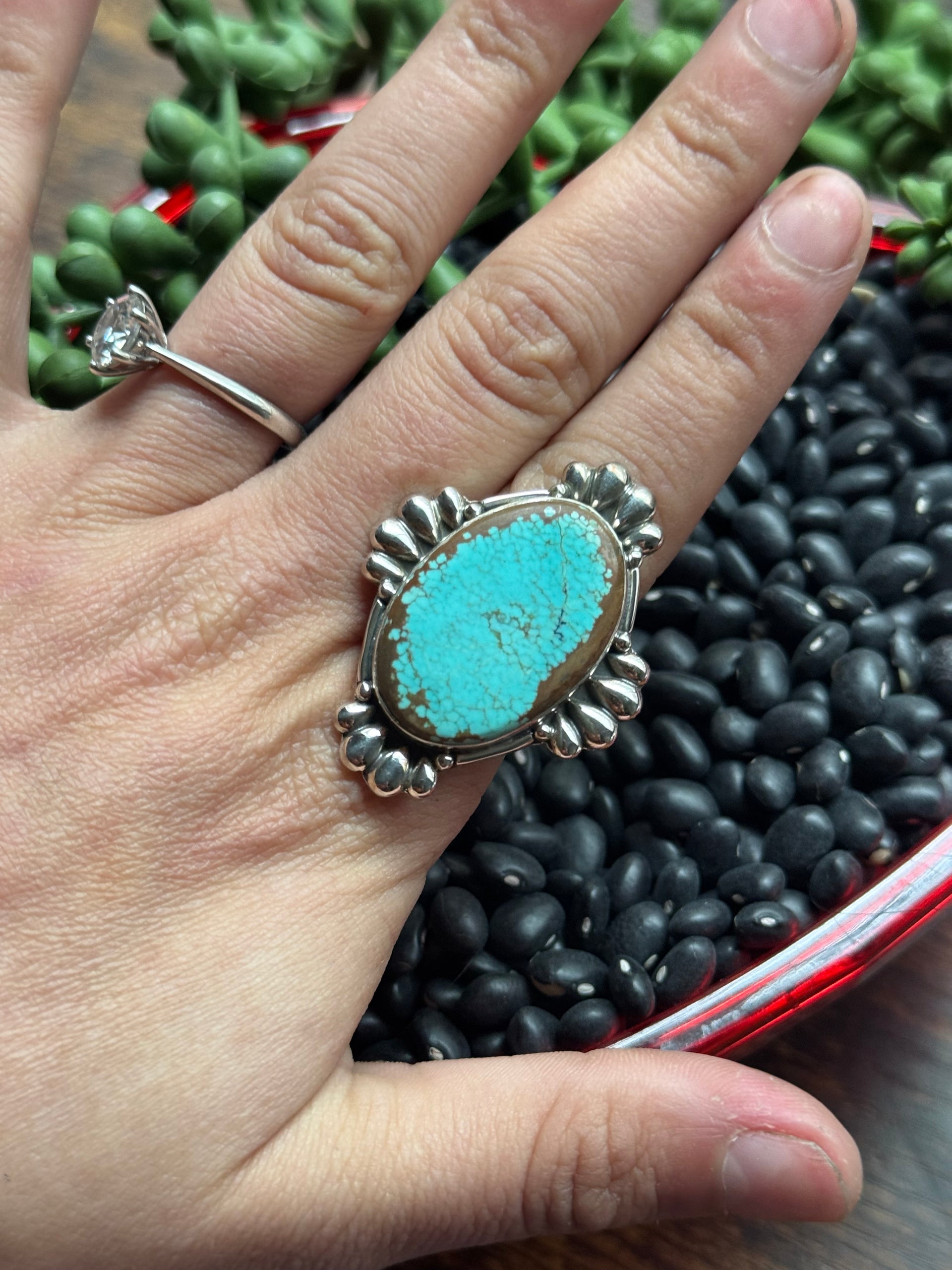 Southwest Handmade #8 Turquoise & Sterling Silver Adjustable Ring