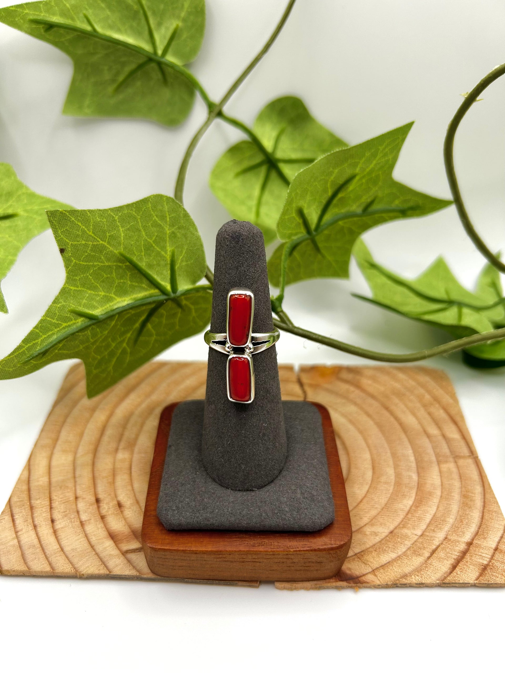 Navajo Made Mediterranean Coral & Sterling Silver Ring Size 6