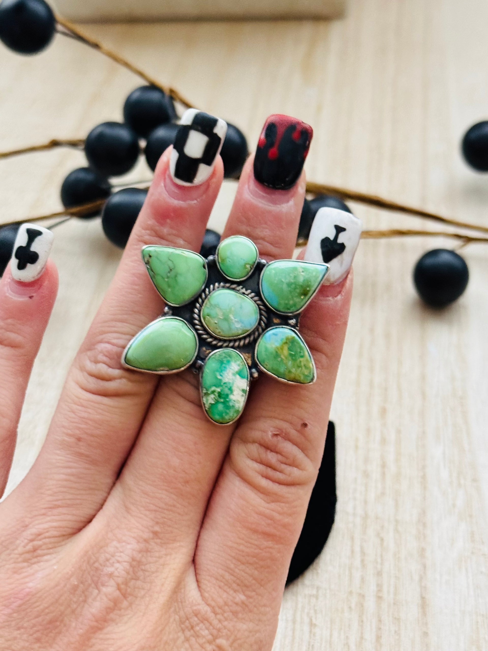 Southwest Handmade Sonoran Mountain Turquoise & Sterling Silver Adjustable Cluster Ring