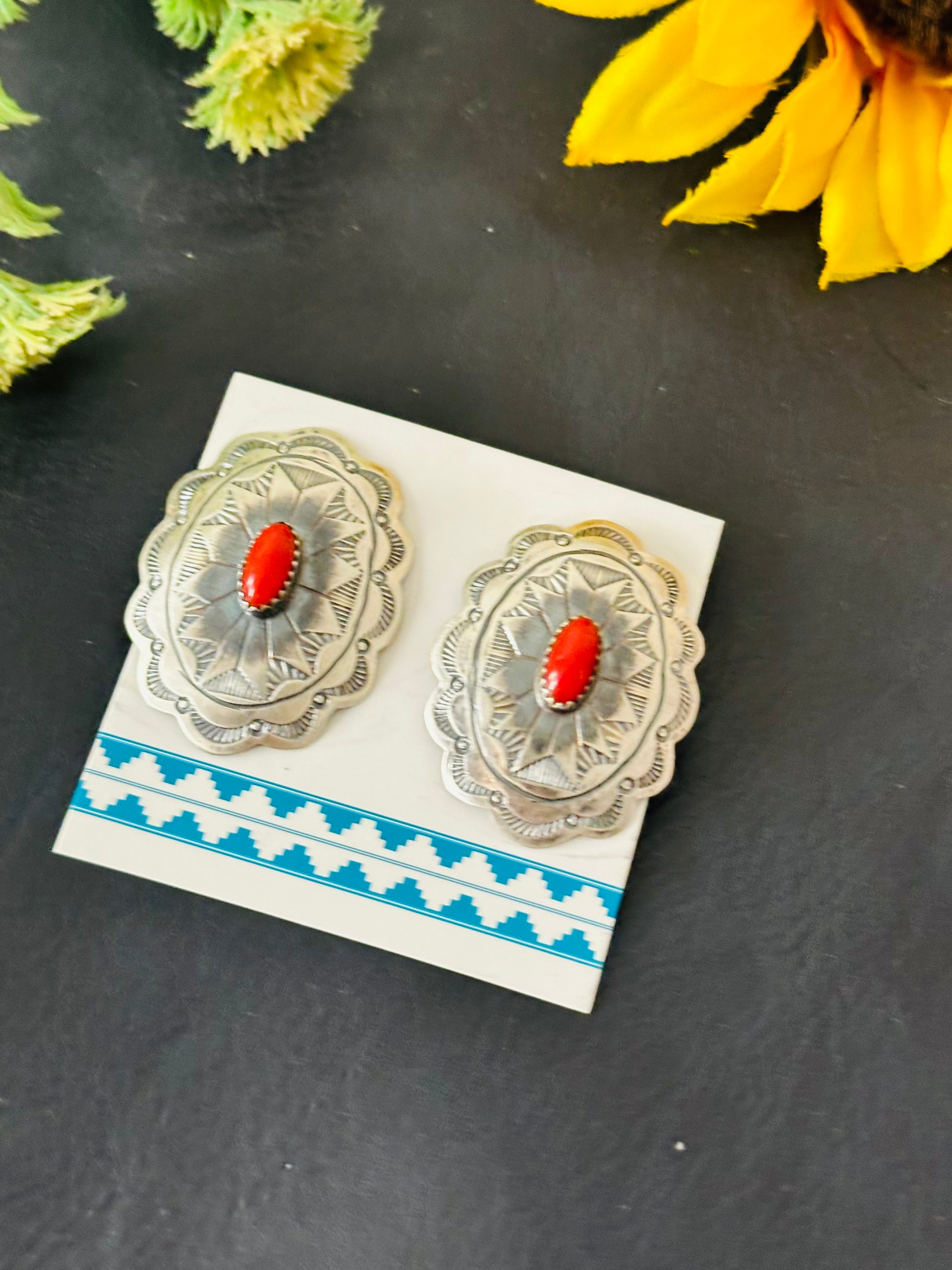 Navajo Made Coral & Sterling Silver Post Earrings