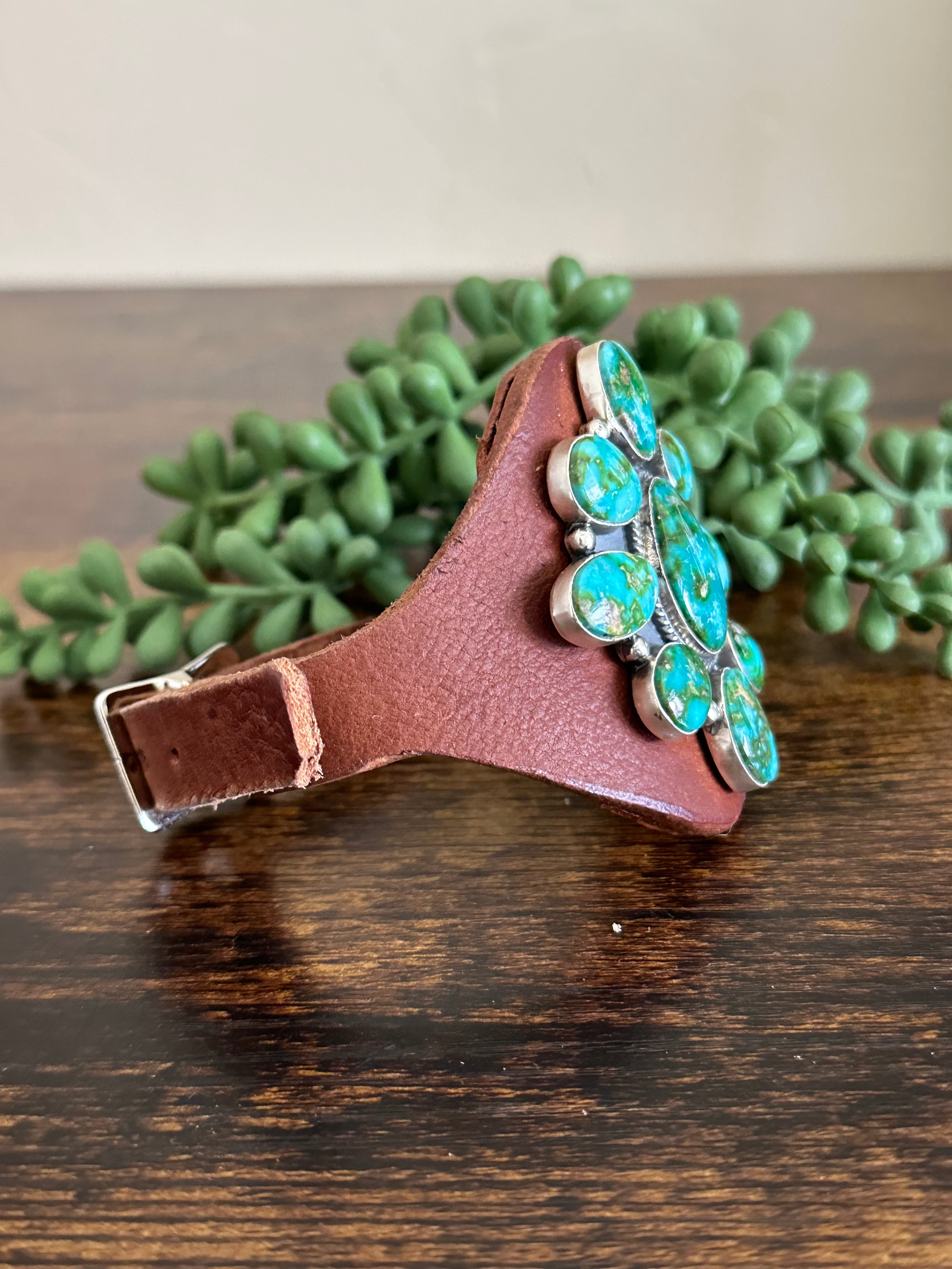 Navajo Made Sonoran Gold Turquoise & Sterling Silver Leather Bracelet