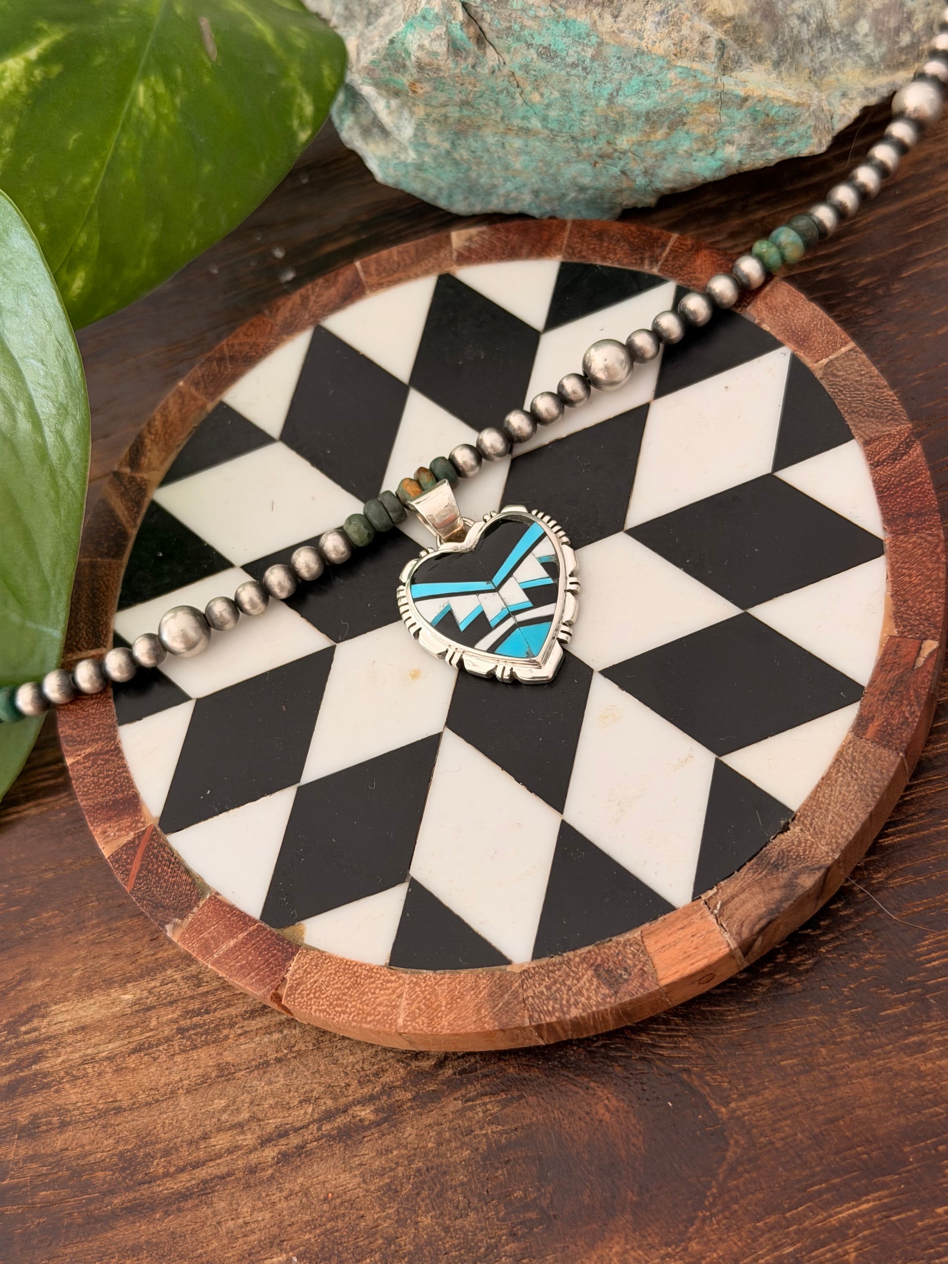Navajo Made Multi Stone & Sterling Silver Inlay Heart Pendant