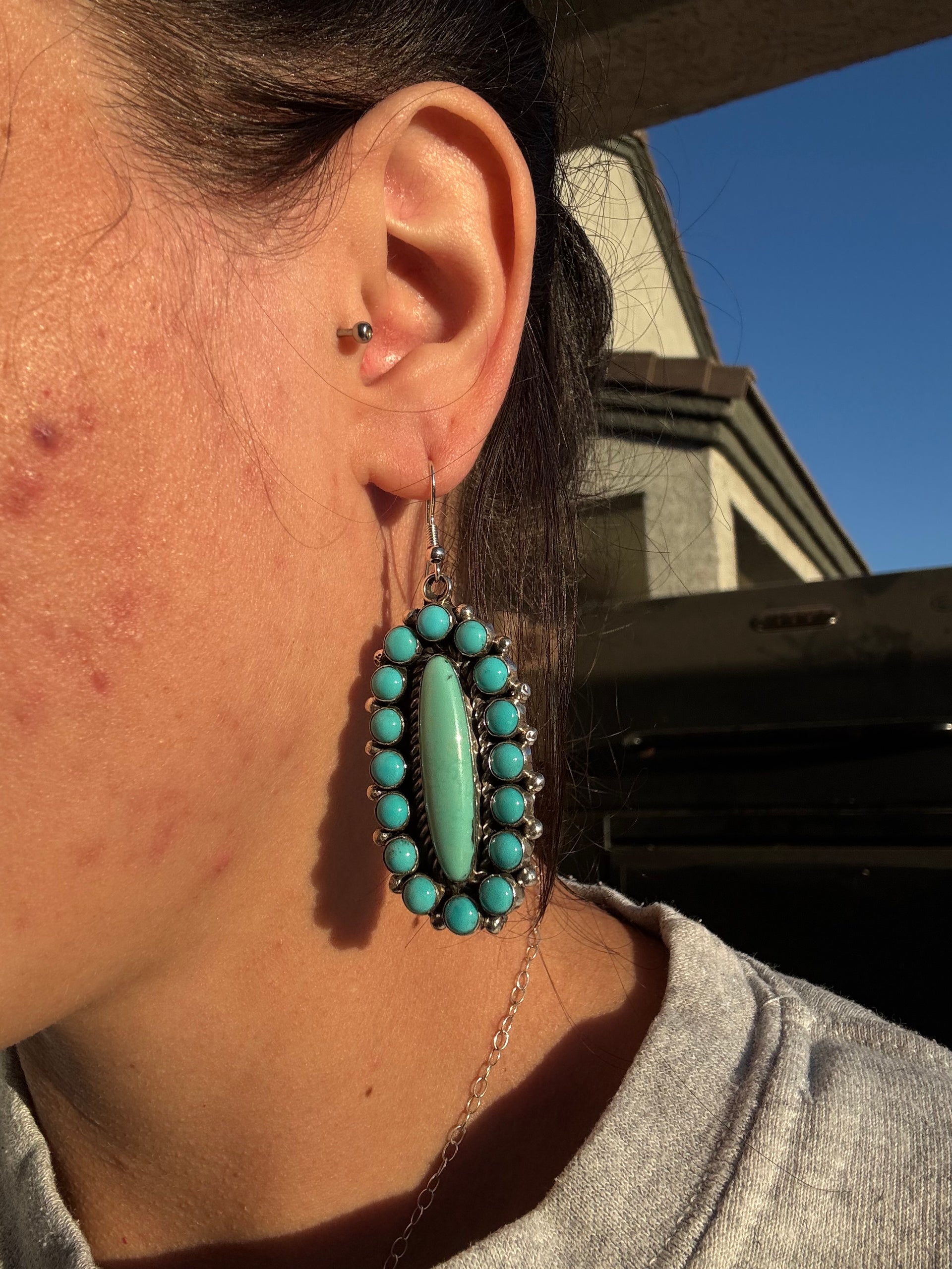 Navajo Made Kingman Turquoise & Sterling Silver Dangle Cluster Earrings