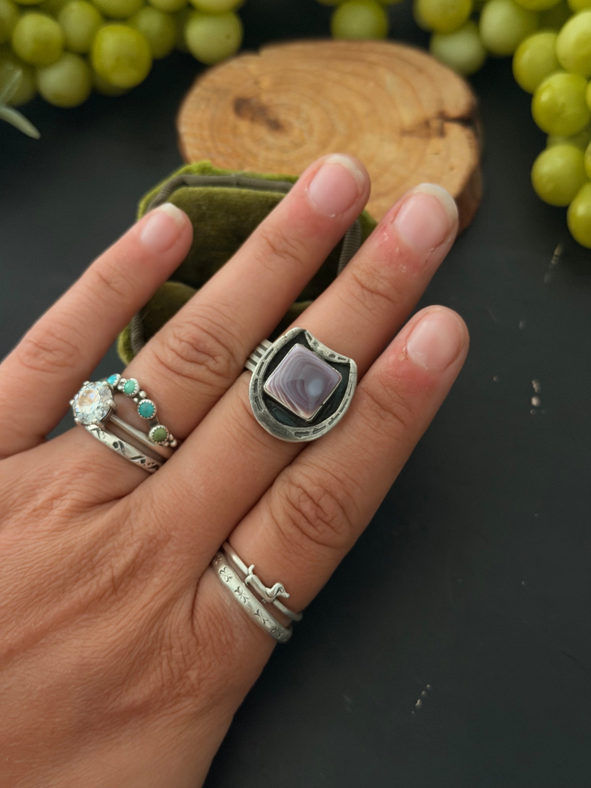 Navajo Made Purple Wampum Shell & Sterling Silver Adjustable Horse Shoe Ring