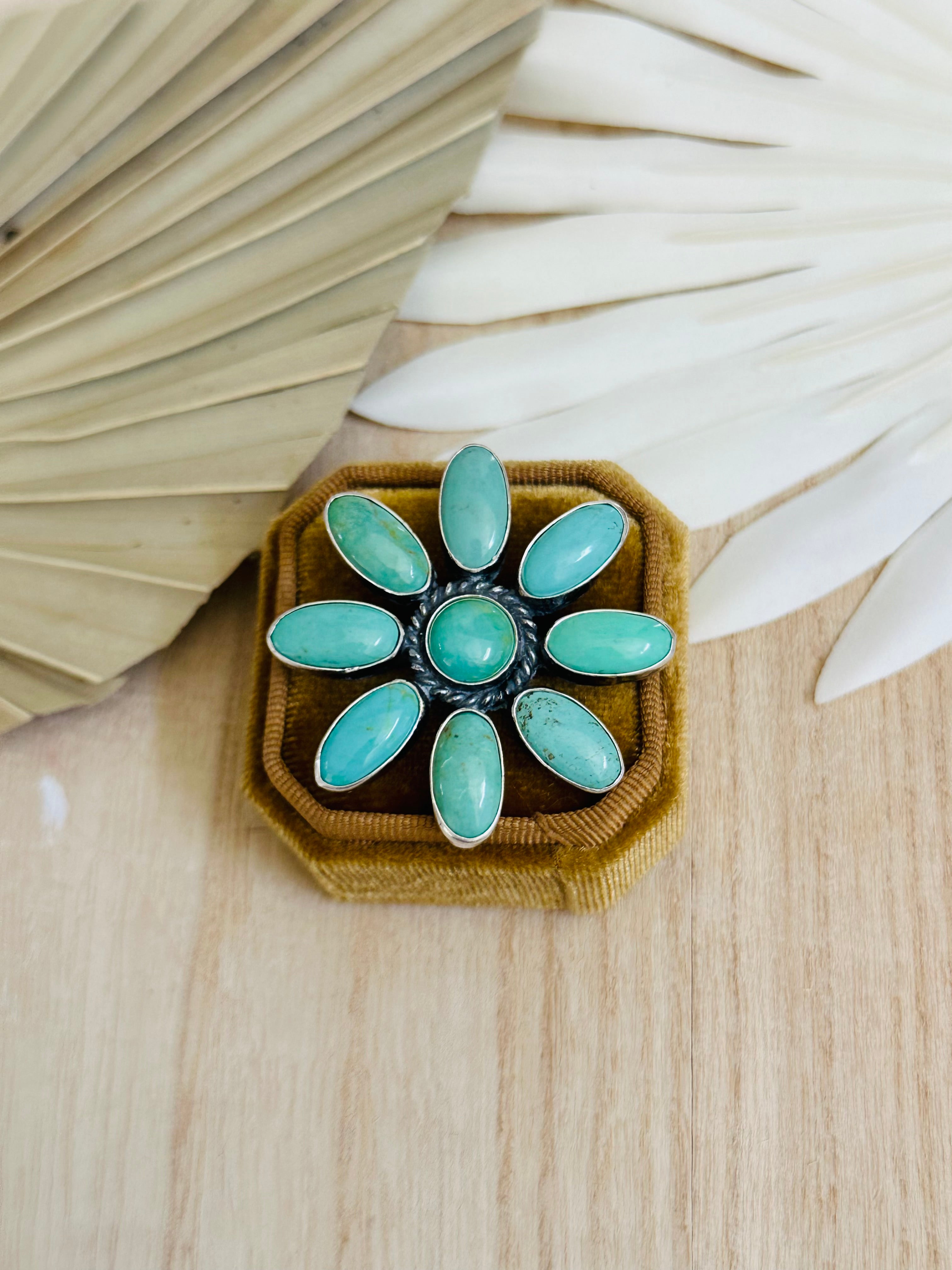 Navajo Made Kingman Turquoise & Sterling Silver Adjustable Cluster Ring