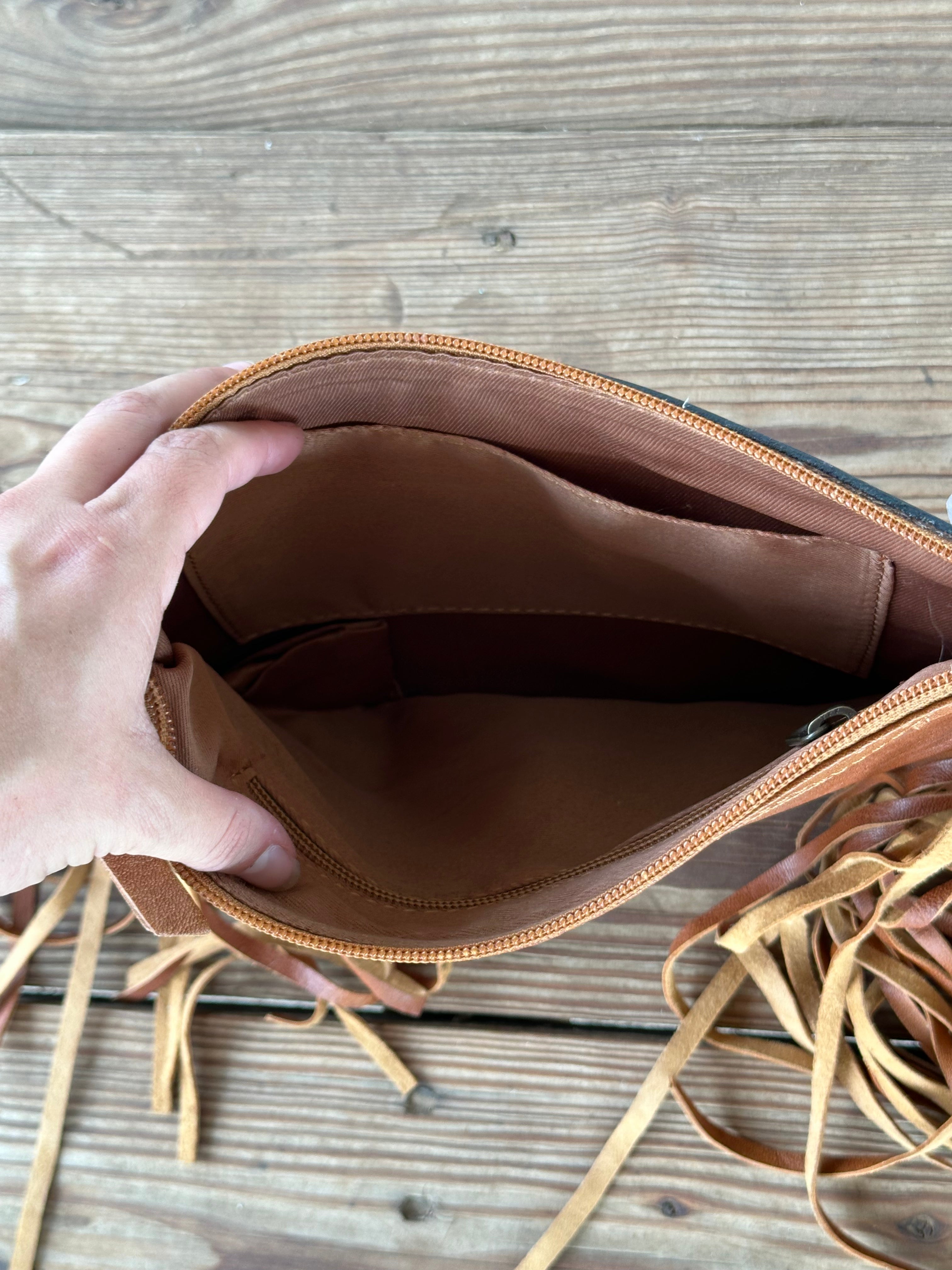 Genuine Leather Cowhide Tooled Cross Body Fringe Purse