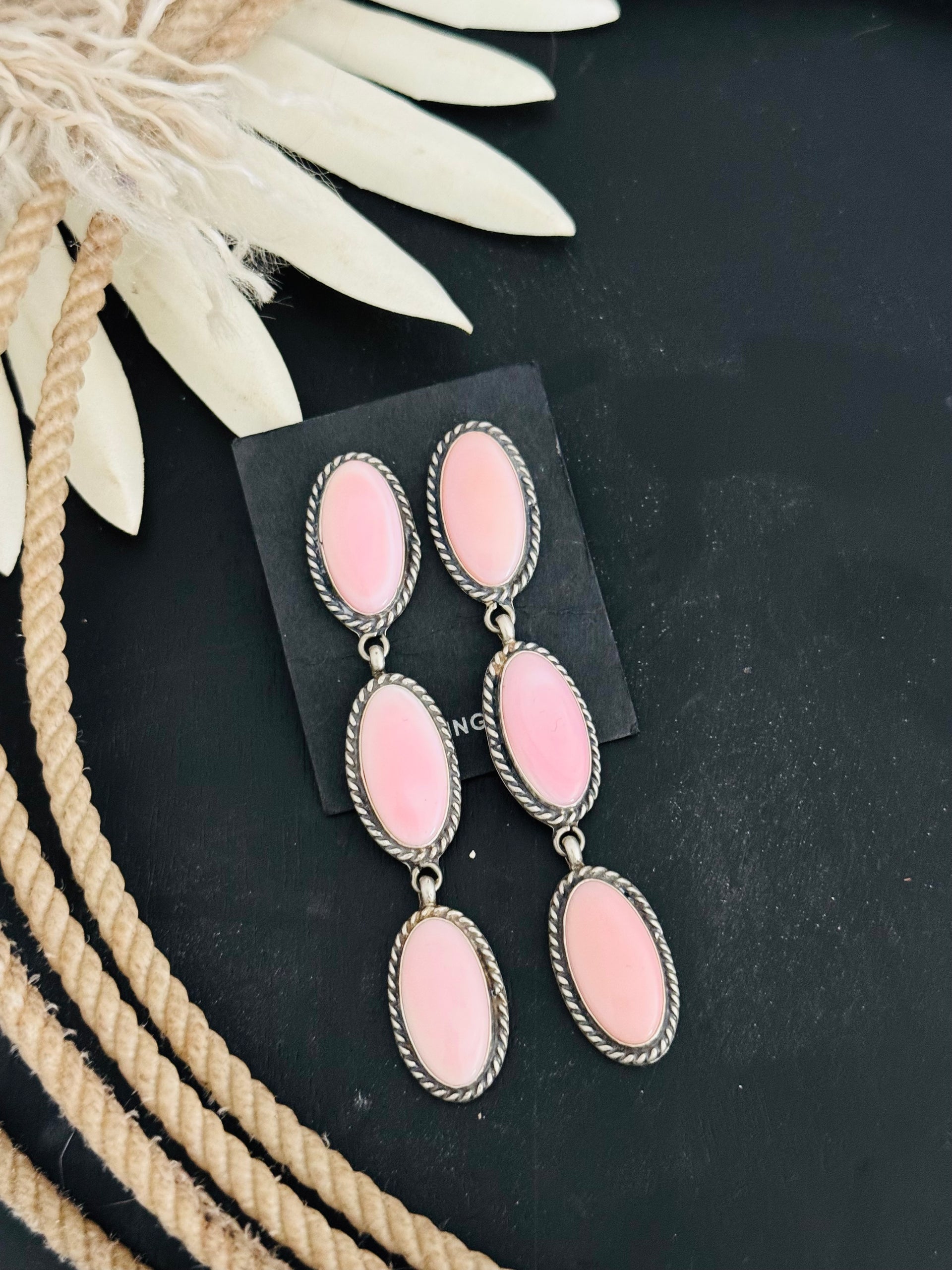 Navajo Made Pink Conch & Sterling Silver Post Dangle Earrings