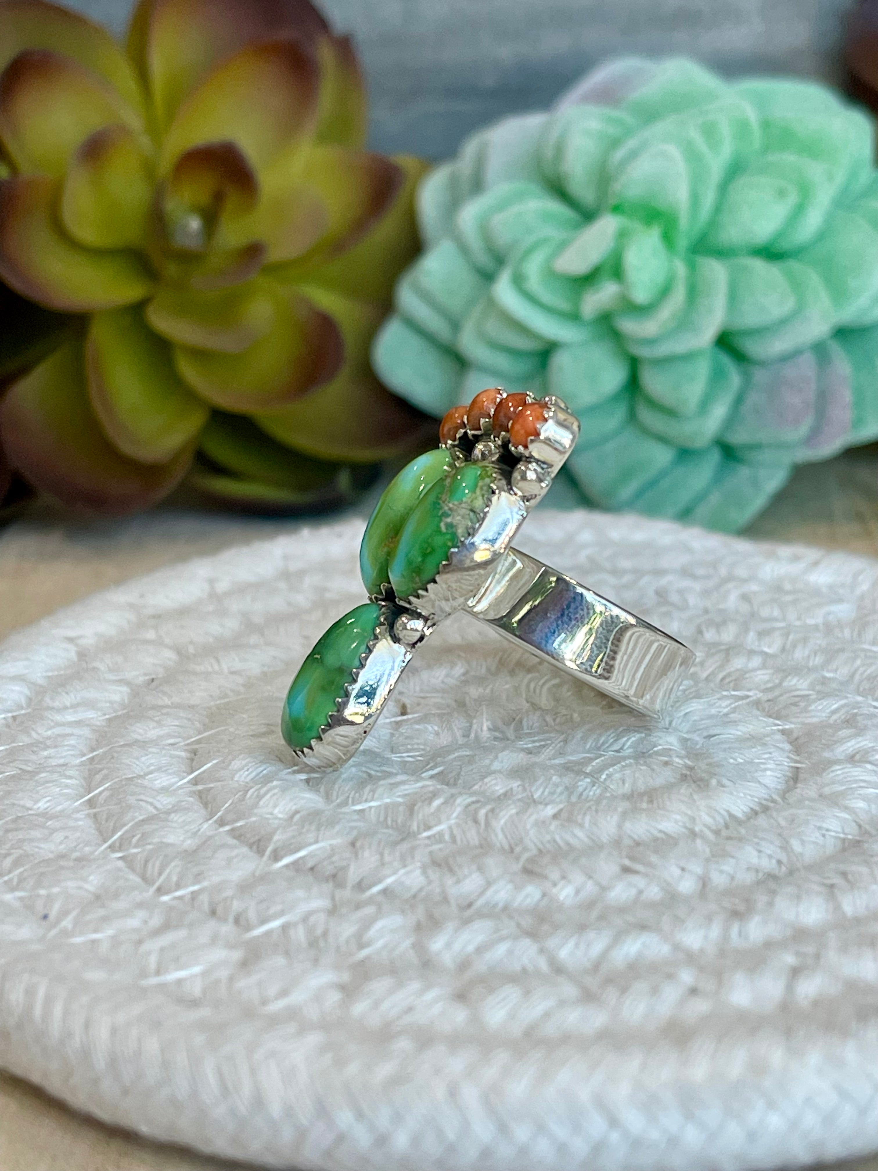 Southwest Handmade Sonoran Mountain Turquoise & Sterling Silver Adjustable Prickly Pear Ring