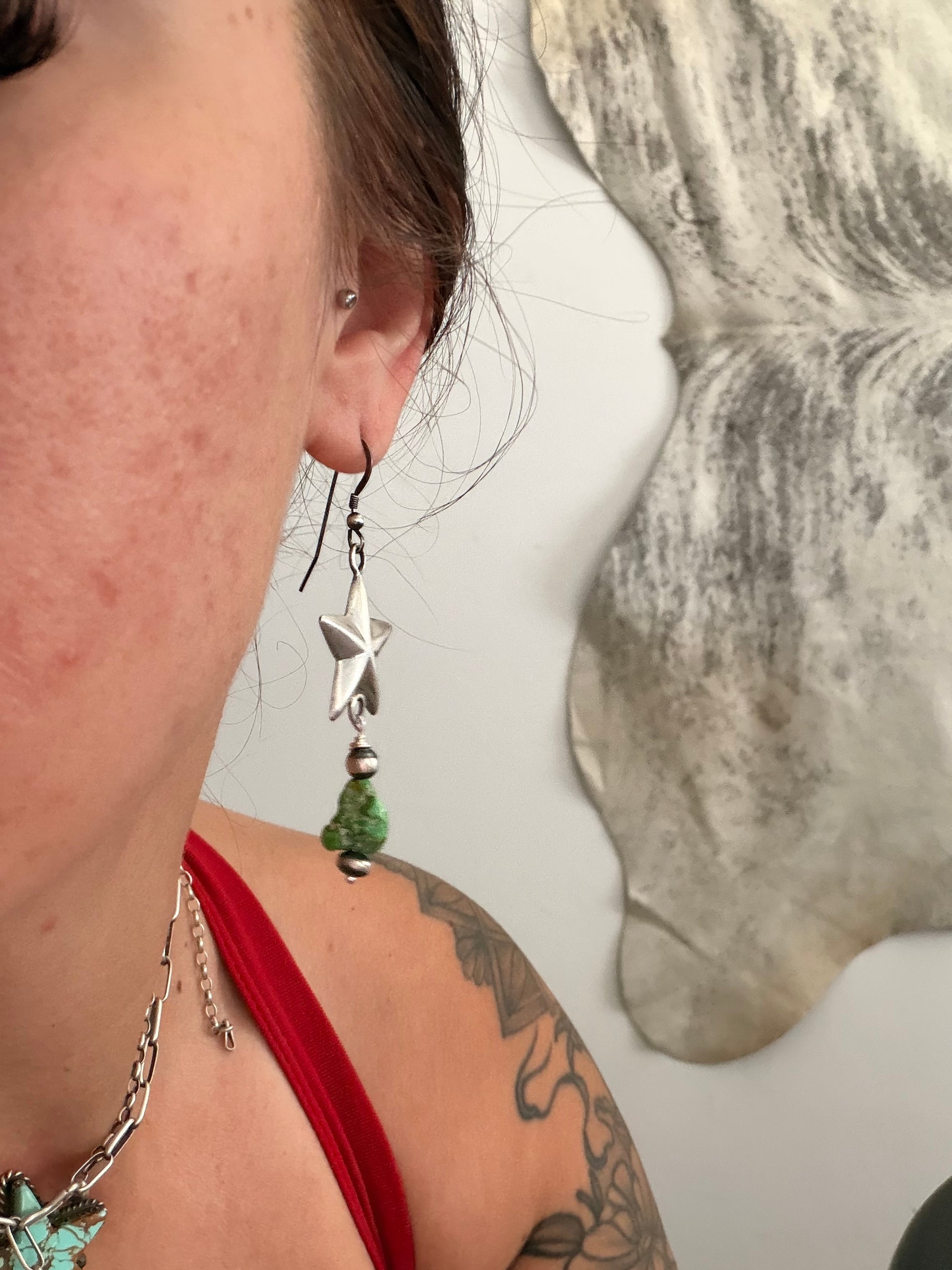 Navajo Made Sonoran Gold Turquoise Nugget & Sterling Silver Dangle Star Earrings