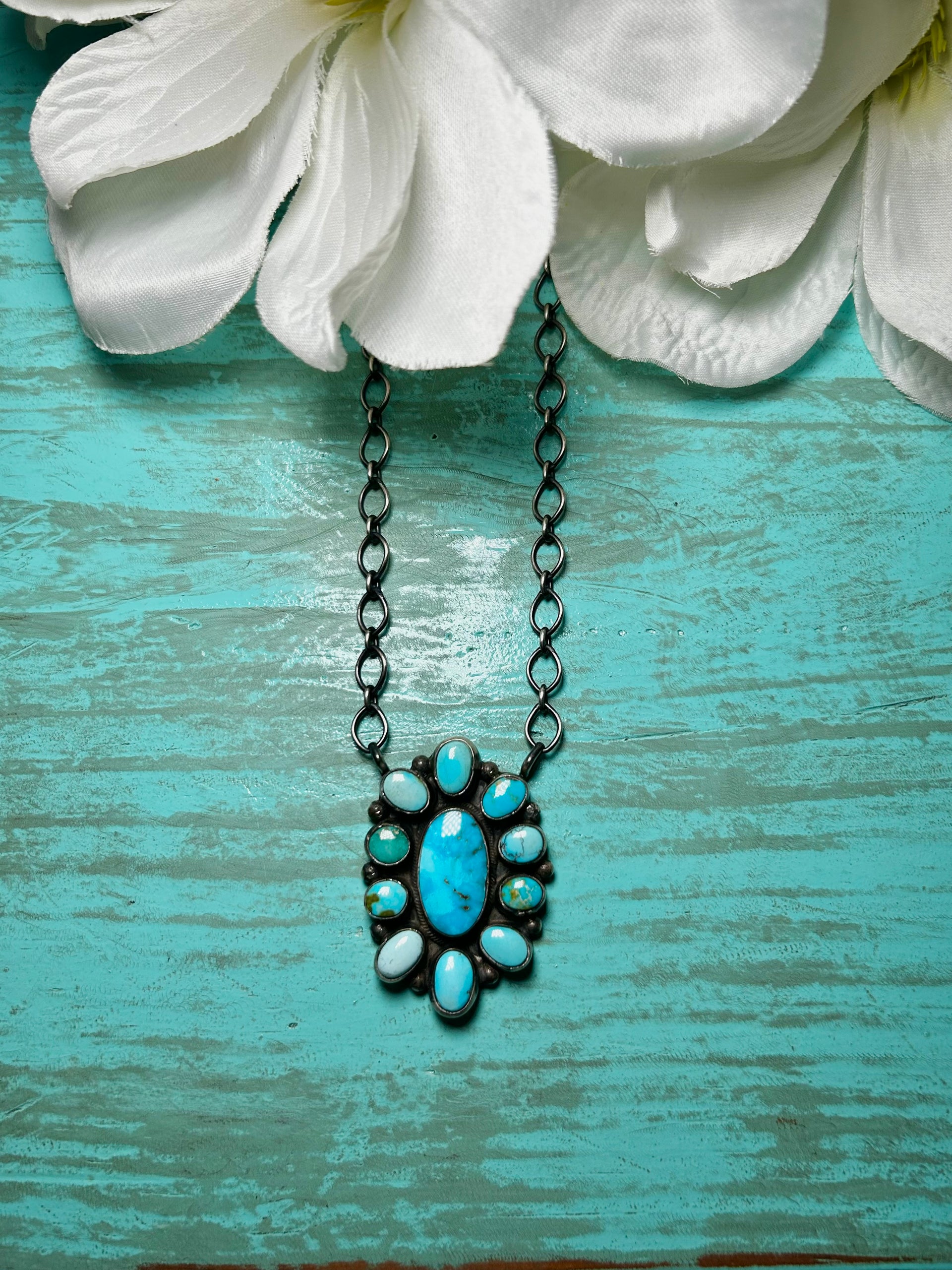 Navajo Made Blue Moon Turquoise & Sterling Sliver Necklace