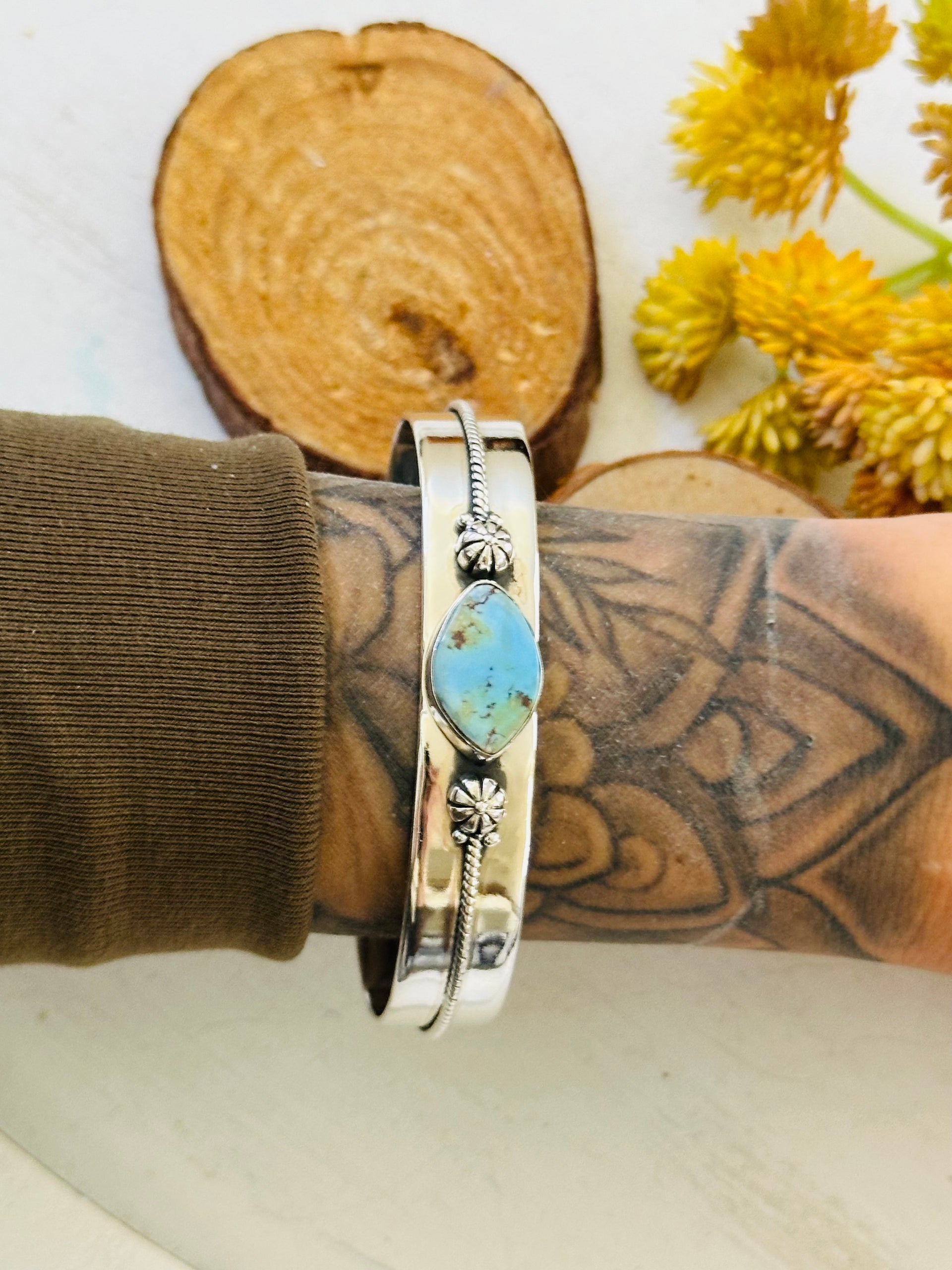 Southwest Made Golden Hills Turquoise & Sterling Silver Cuff Bracelet