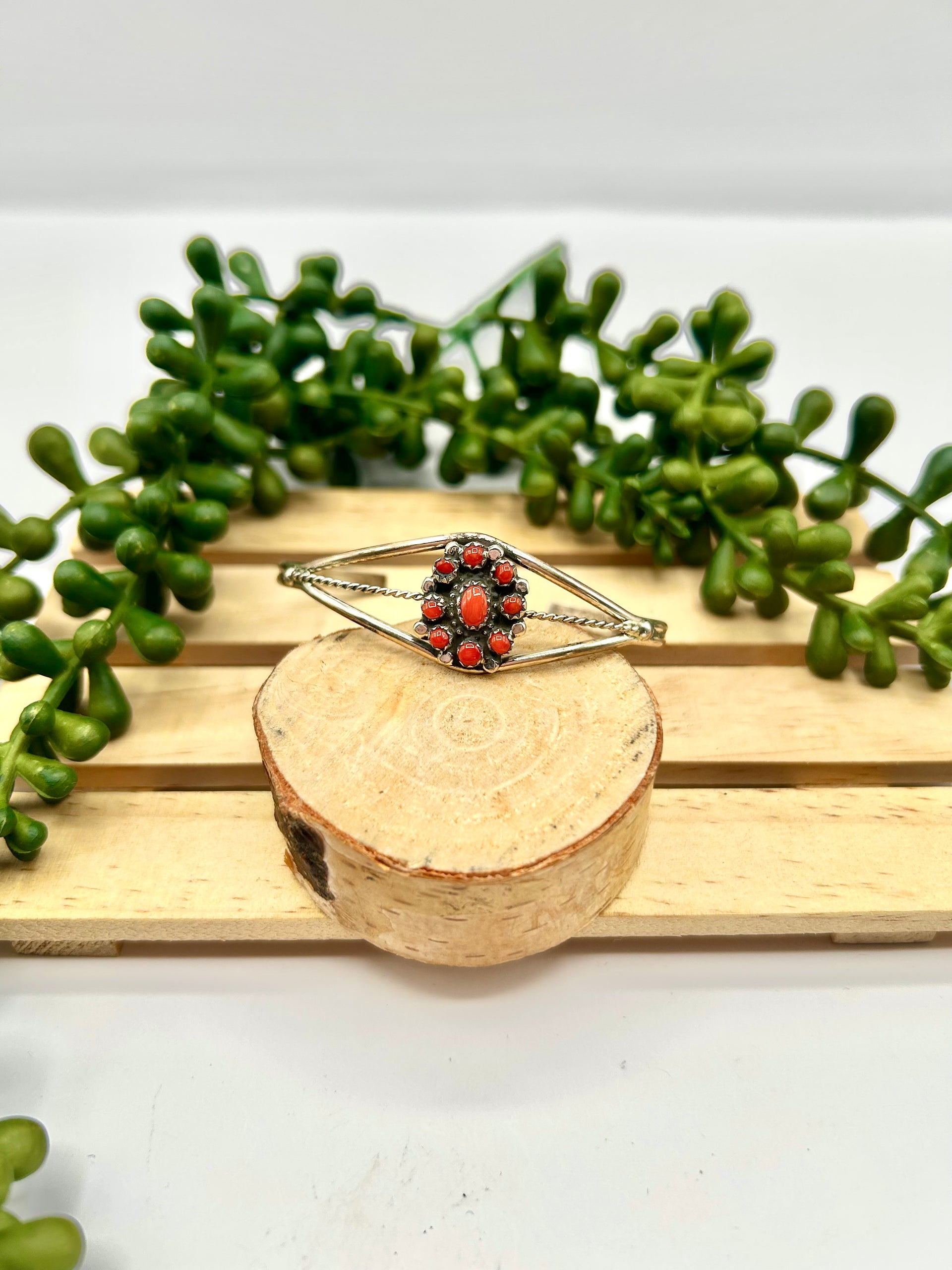 Navajo Made Red Coral & Sterling Silver Cuff Bracelet