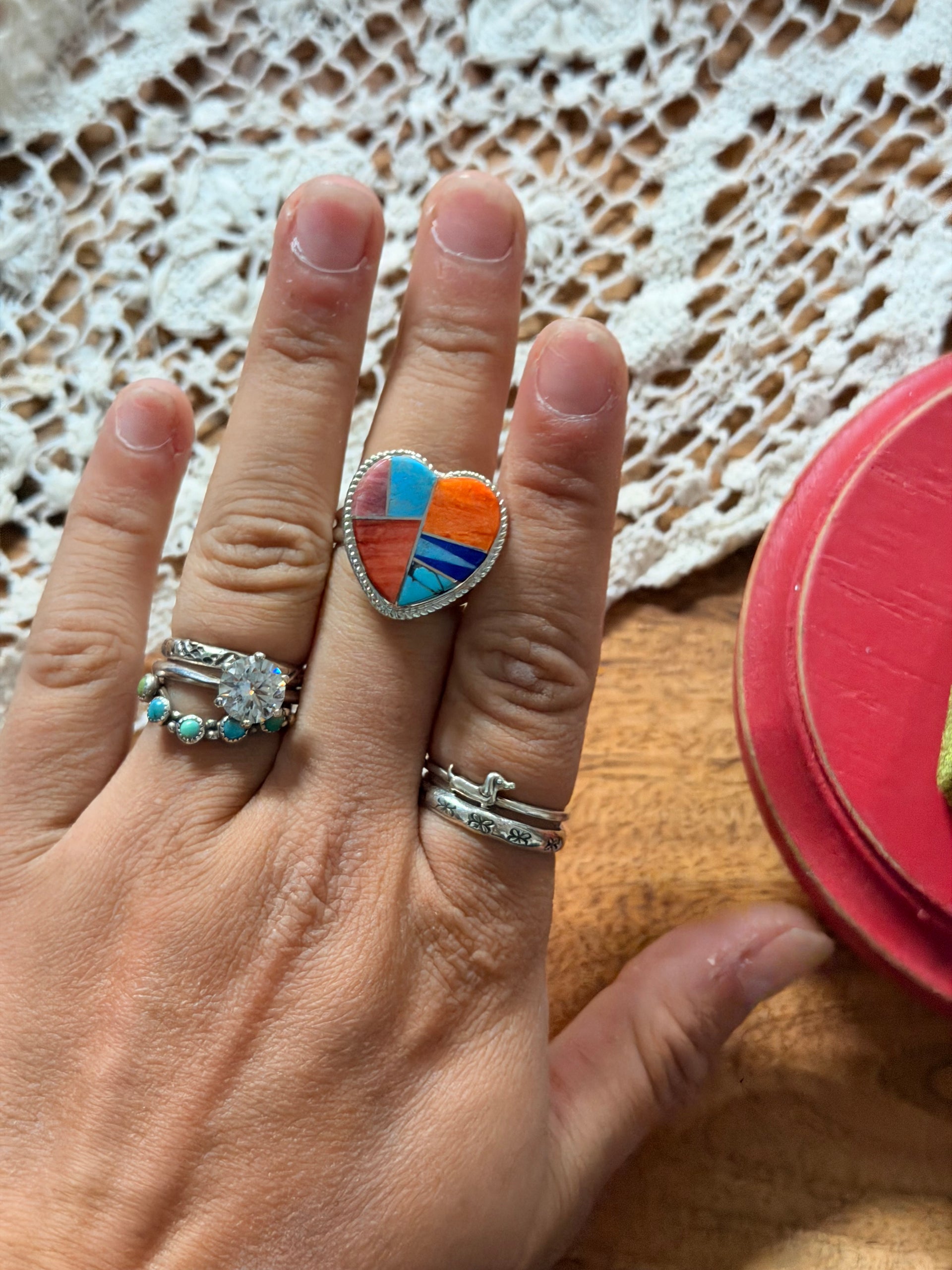 Charles Johnson Multi Stone & Sterling Silver Adjustable Inlay Heart Ring