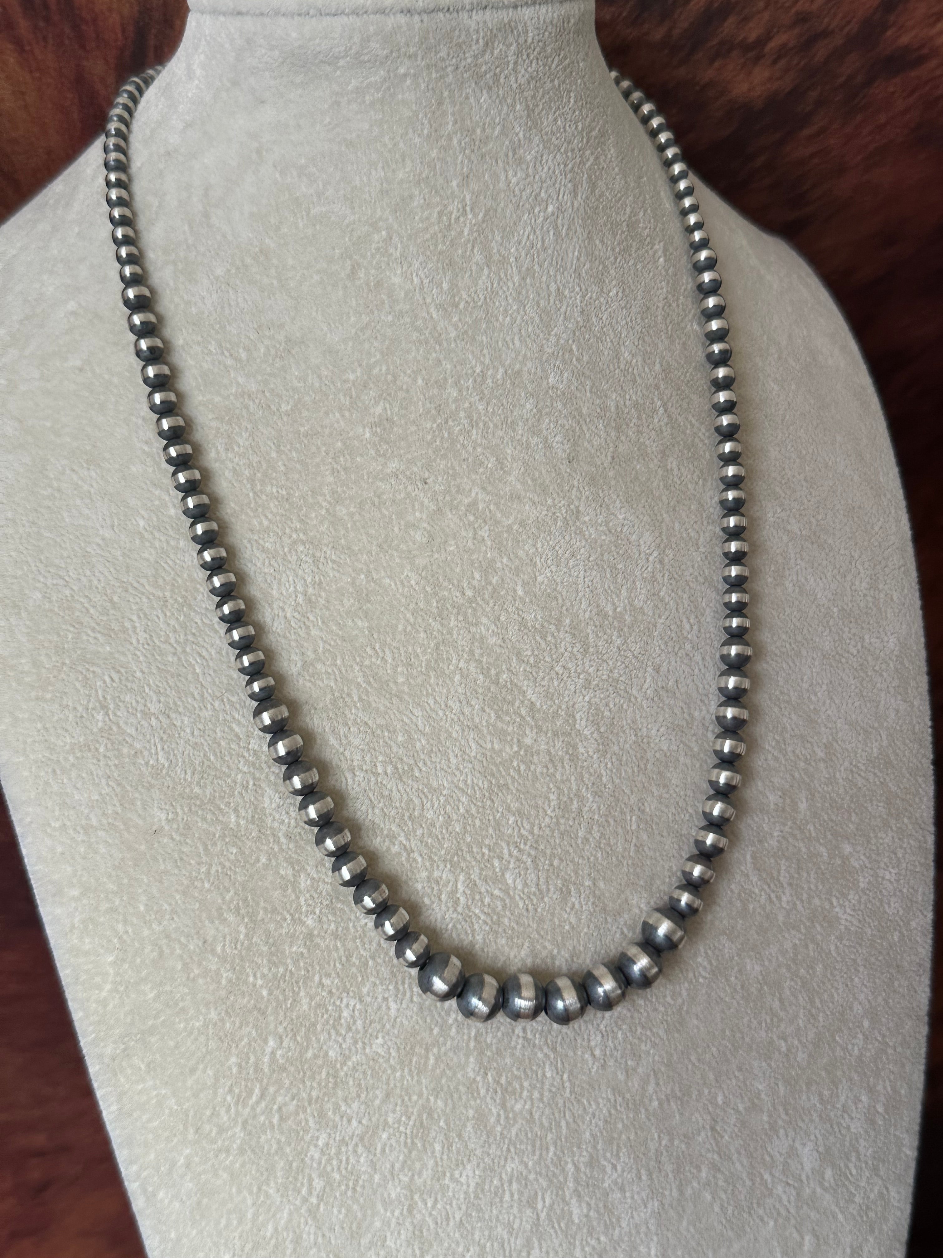 Navajo Strung 3 MM-8 MM Graduated Sterling Silver Pearls Beaded Necklace