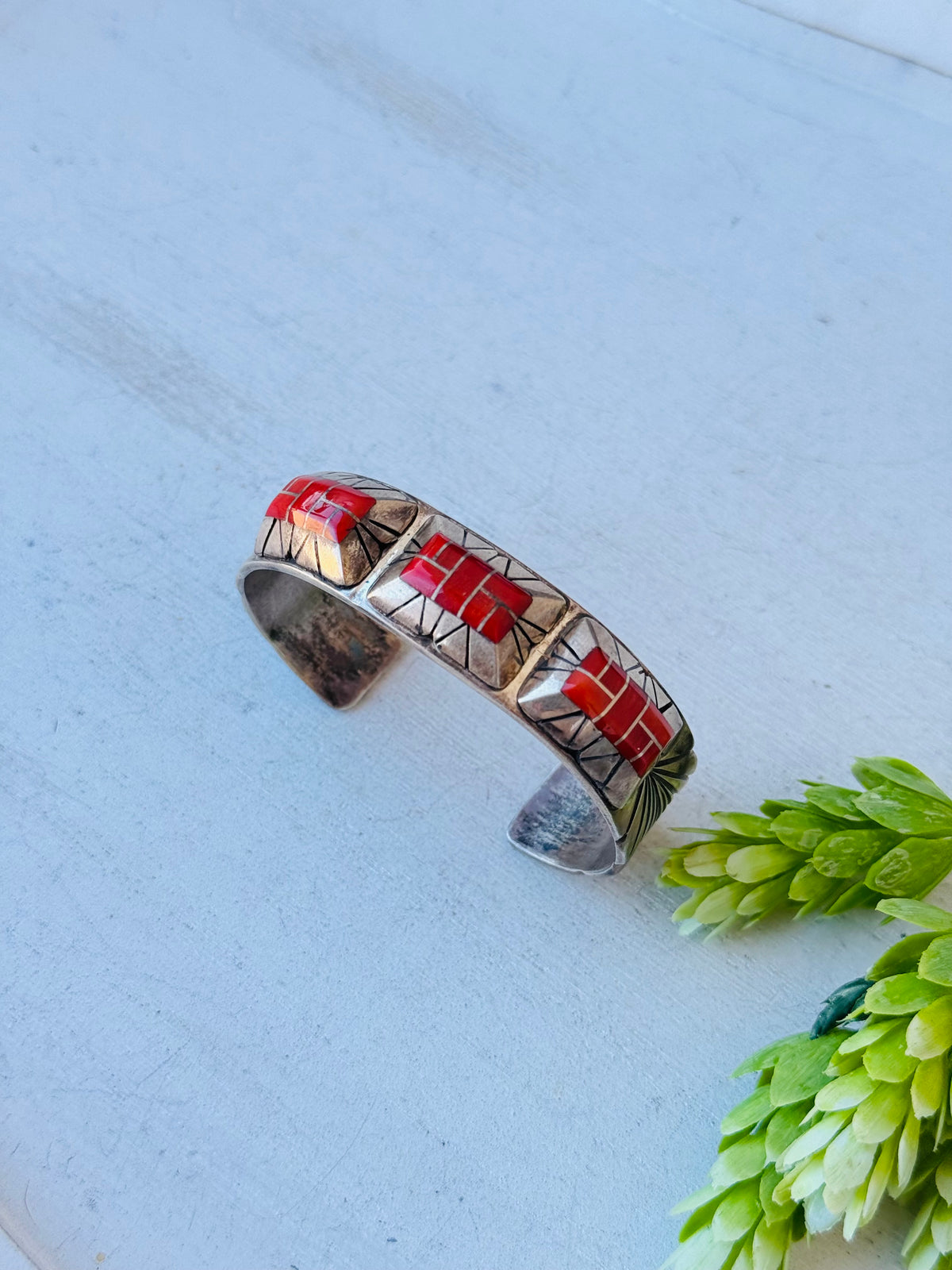 Vintage Navajo Made Coral & Sterling Silver Cuff Bracelet