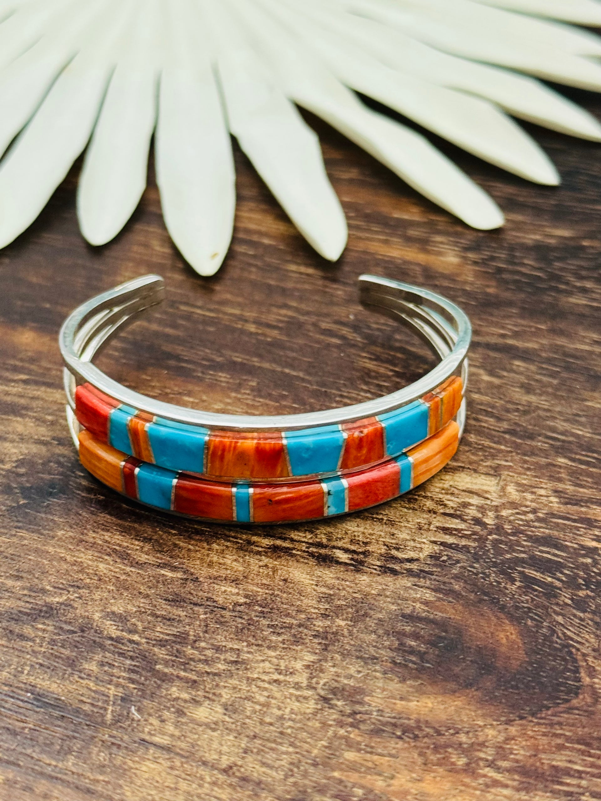 Navajo Made Multi Stone & Sterling Silver Inlay Cuff Bracelet