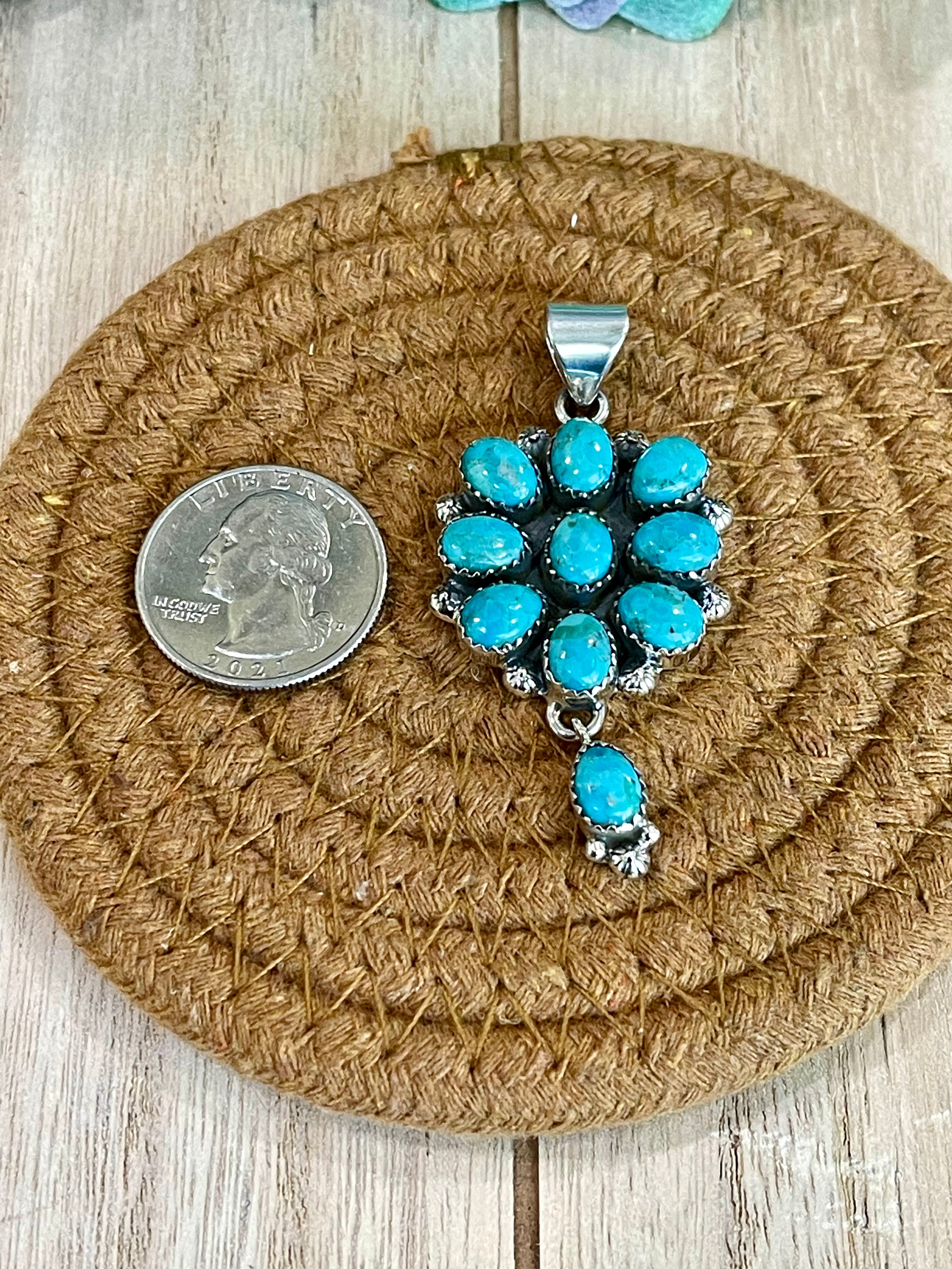 Southwest Handmade Kingman Turquoise & Sterling Silver Cluster Dangle Pendant