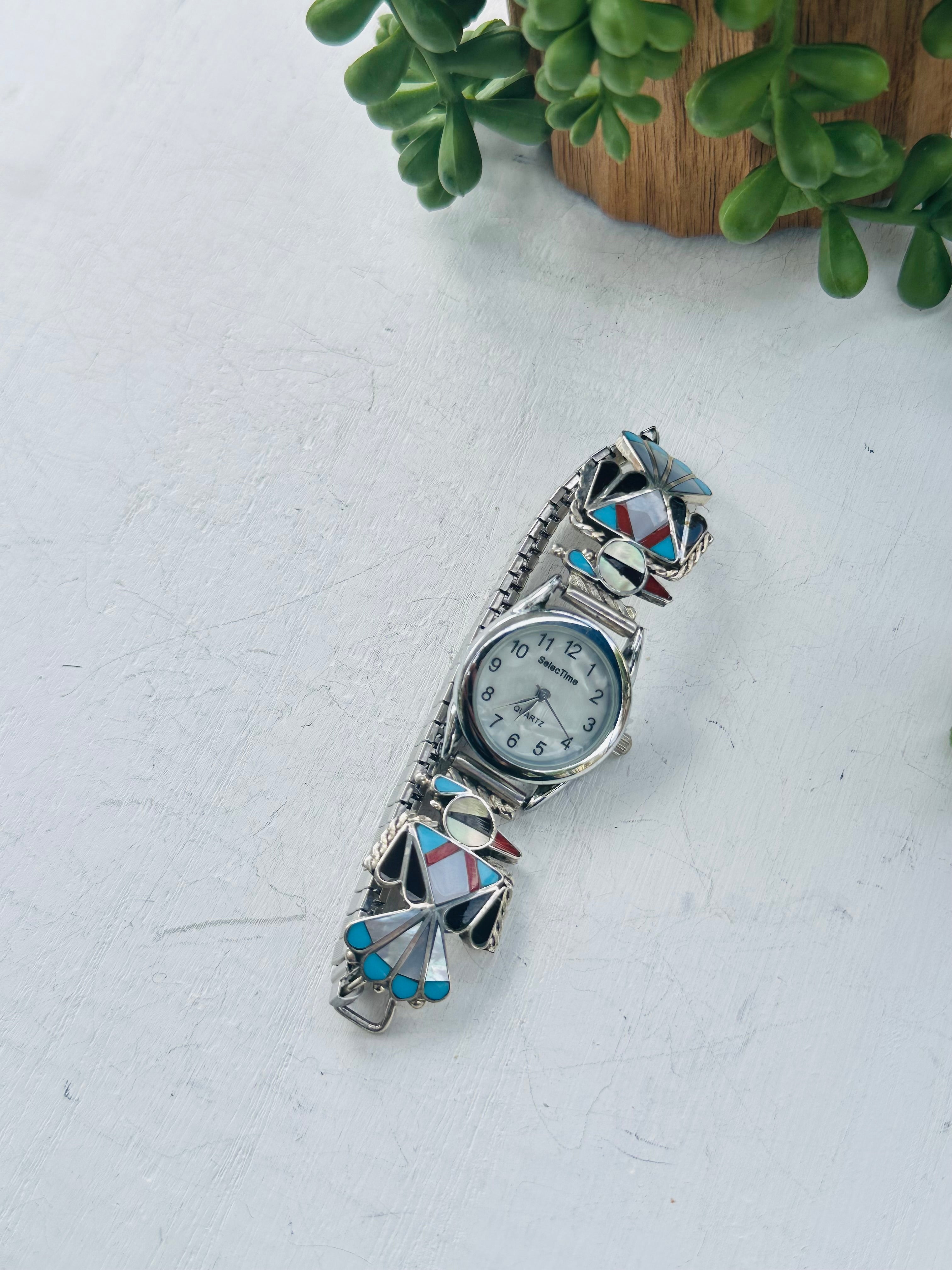 Zuni Made Multi Stone & Sterling Silver Inlay Adjustable Watch