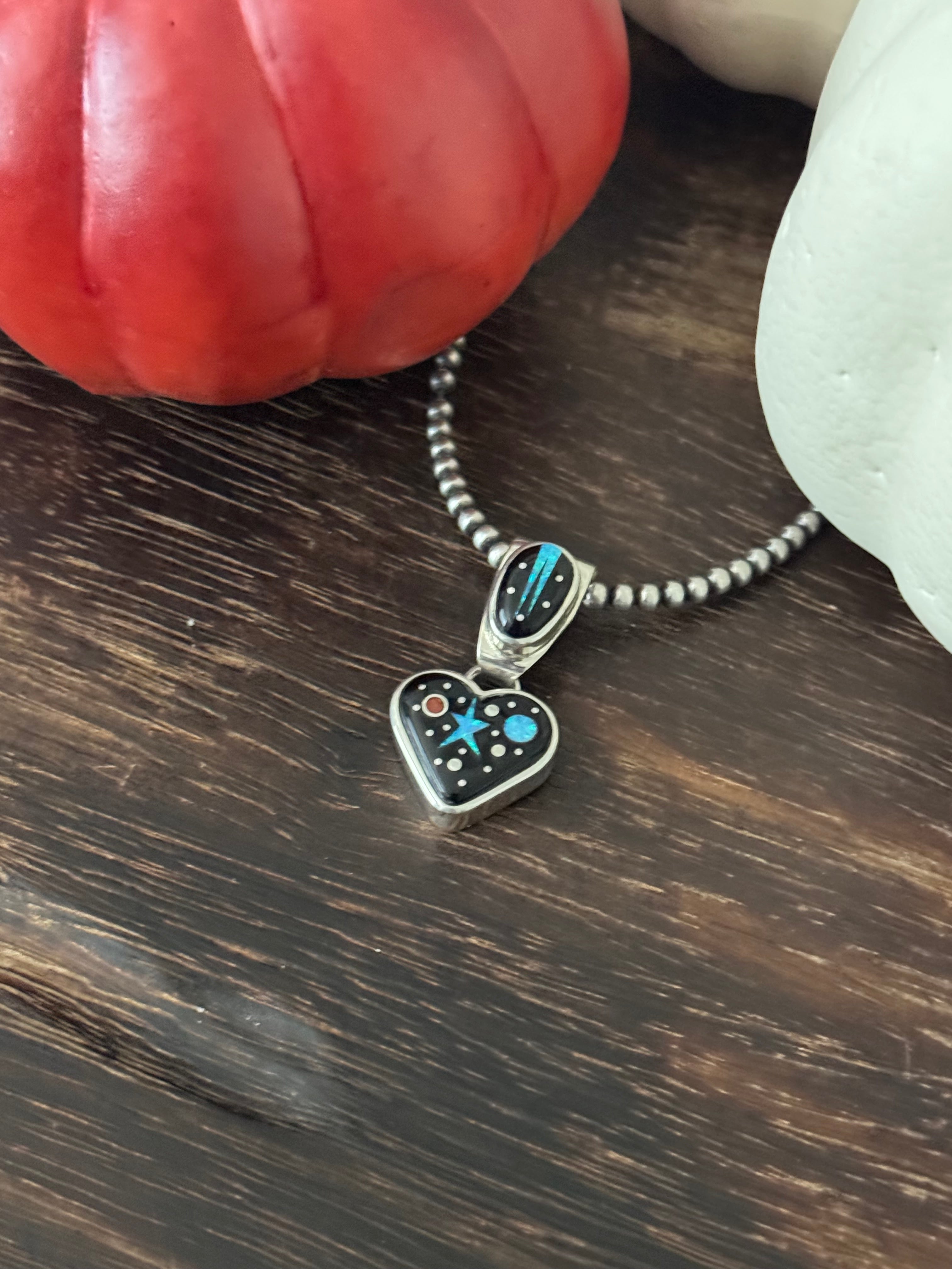 Matthew Jack Multi Stone & Sterling Silver Inlay HeartPendant