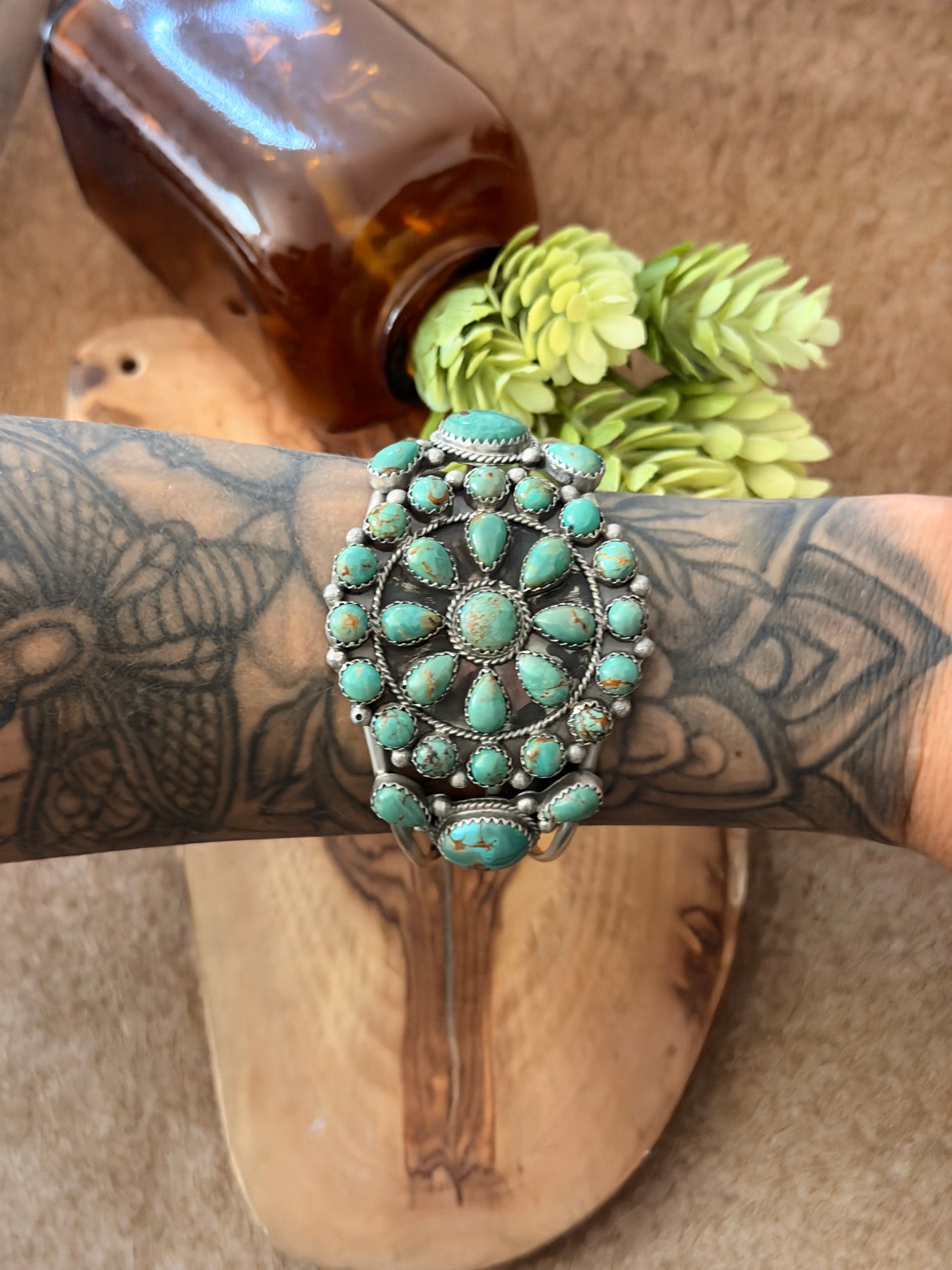 Janet Jake Kingman Turquoise & Sterling Silver Cluster Cuff Bracelet