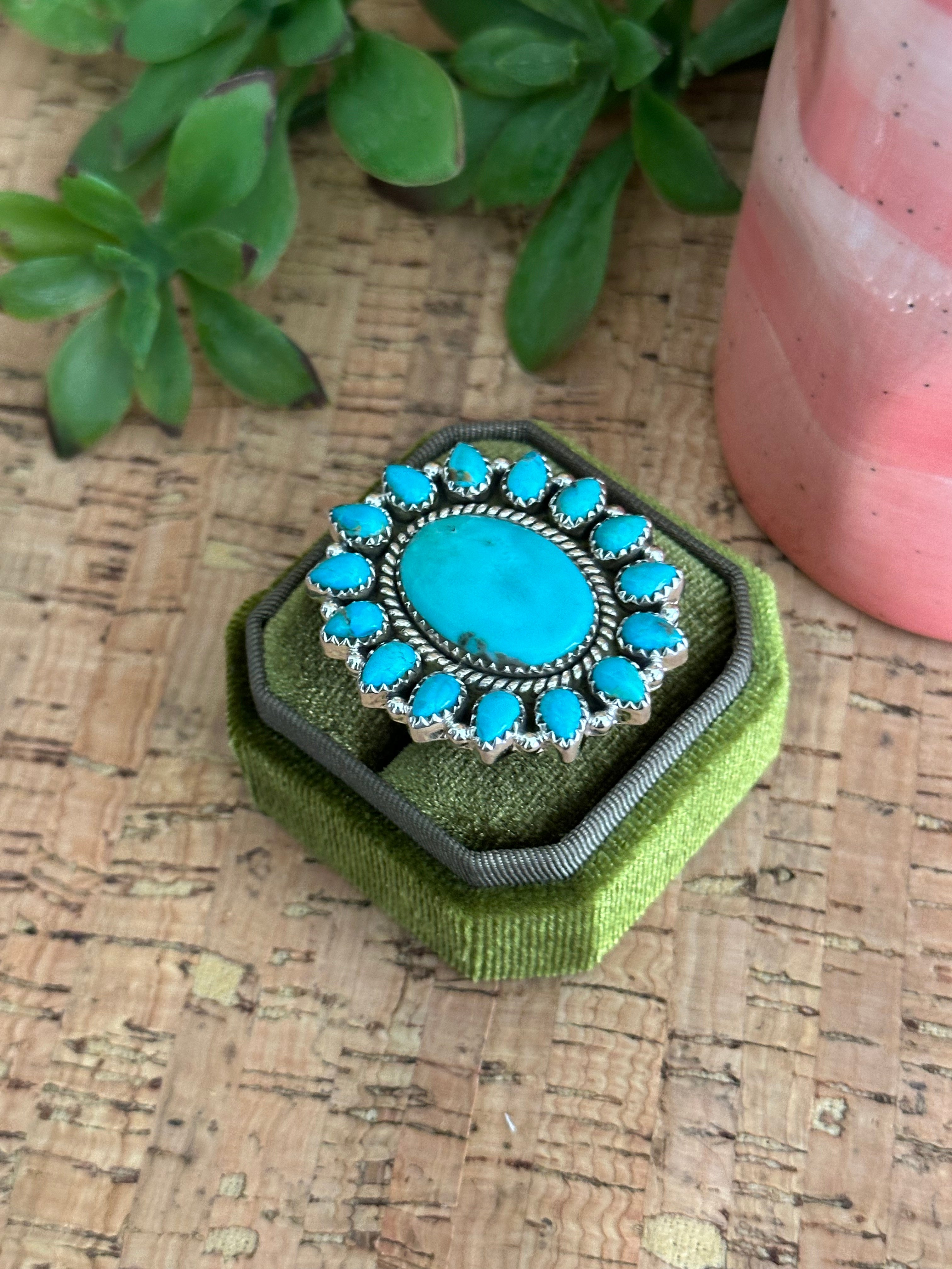 Southwest Handmade Kingman Turquoise & Sterling Silver Adjustable Cluster Ring