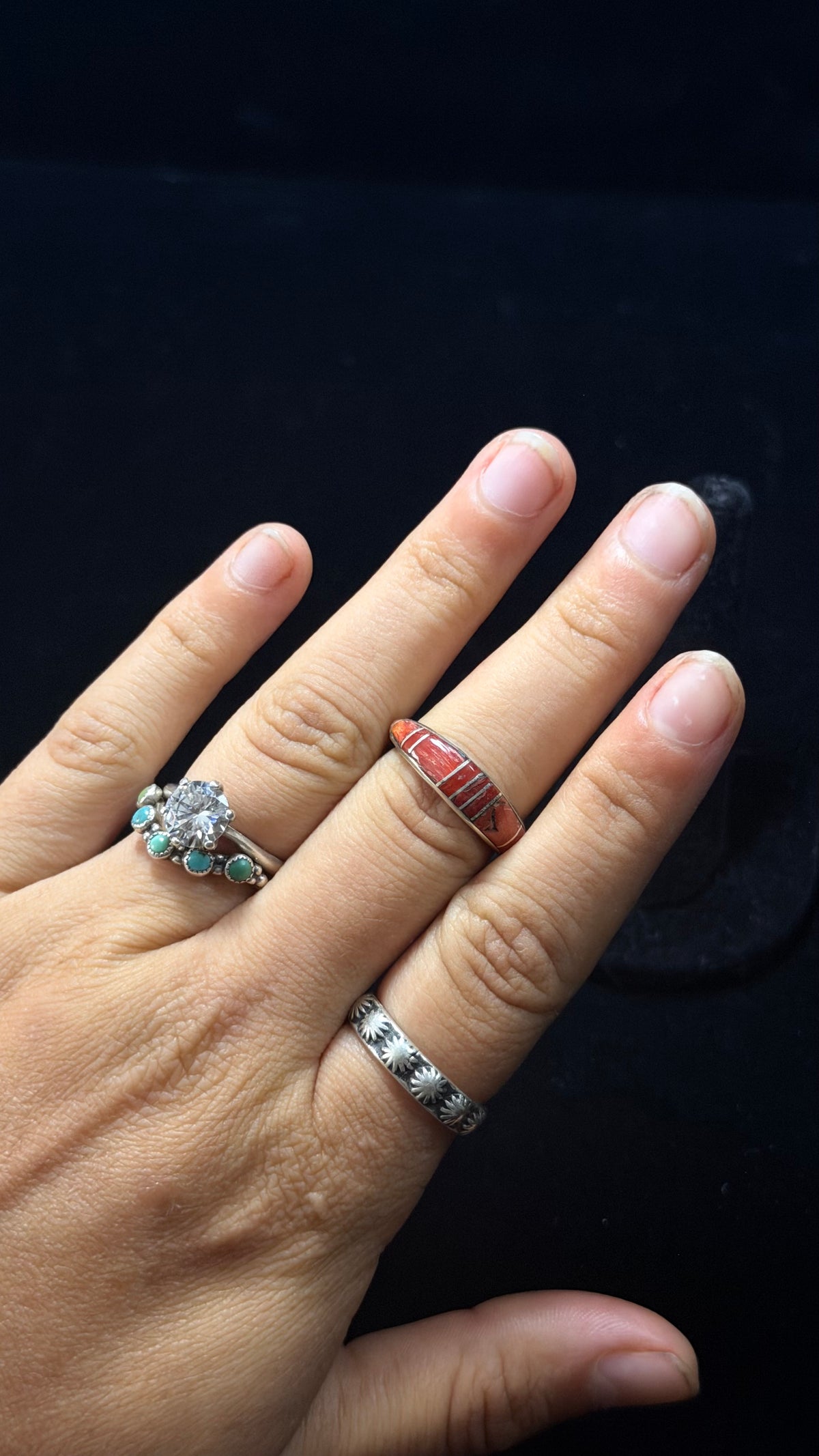 Navajo Made Coral & Sterling Silver Inlay Ring