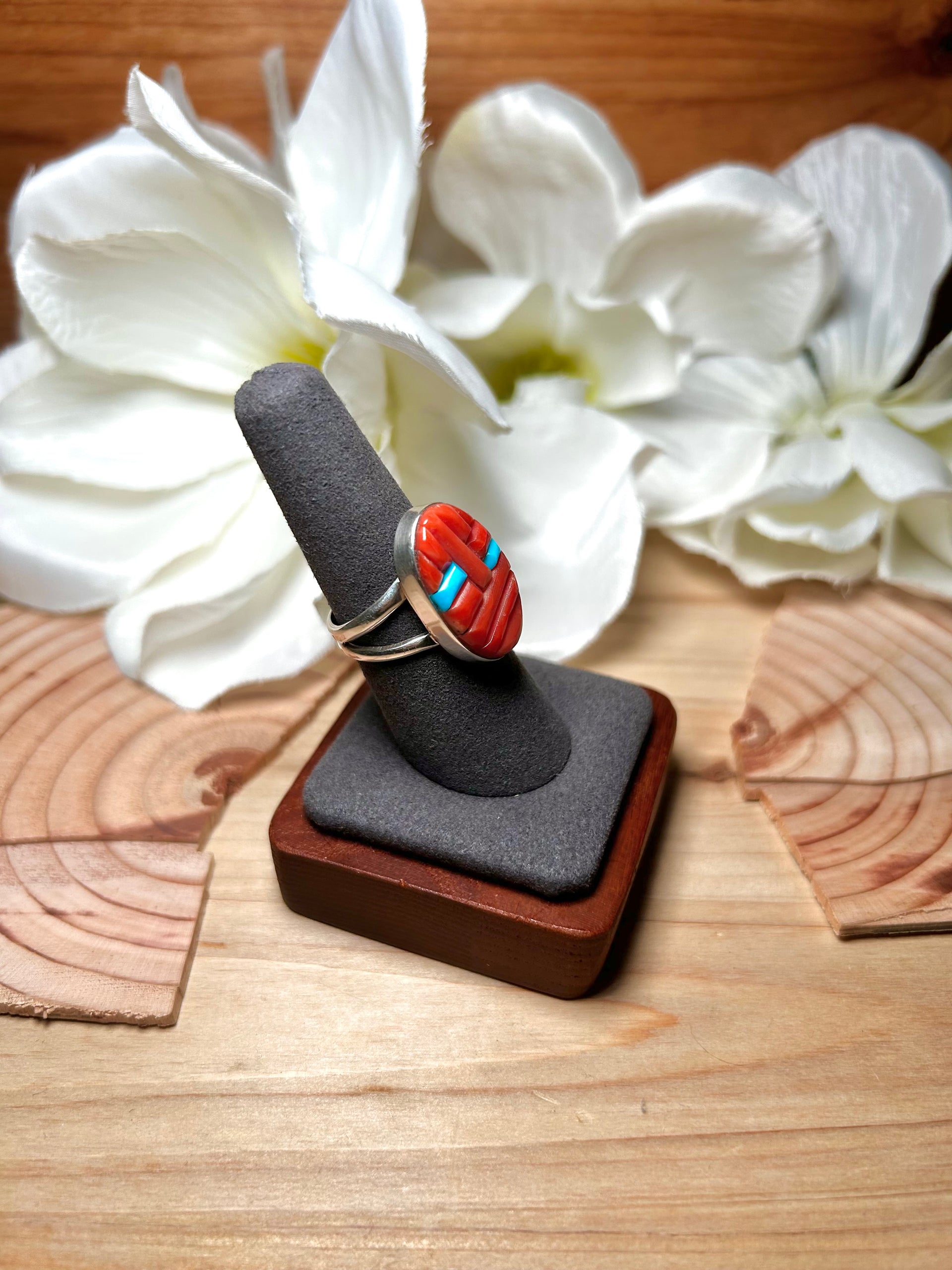 Navajo Made Multi Stone & Sterling Silver Ring Size 7.5