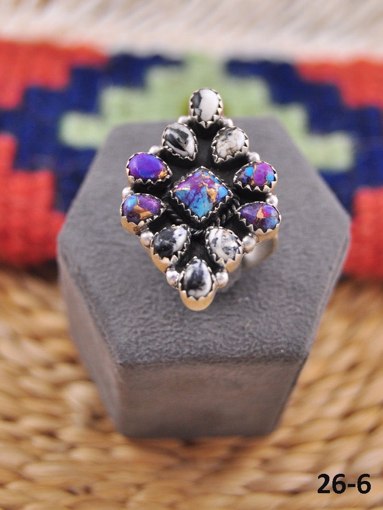 Southwest Made Multi Stone & Sterling Sliver Cluster Adjustable Ring