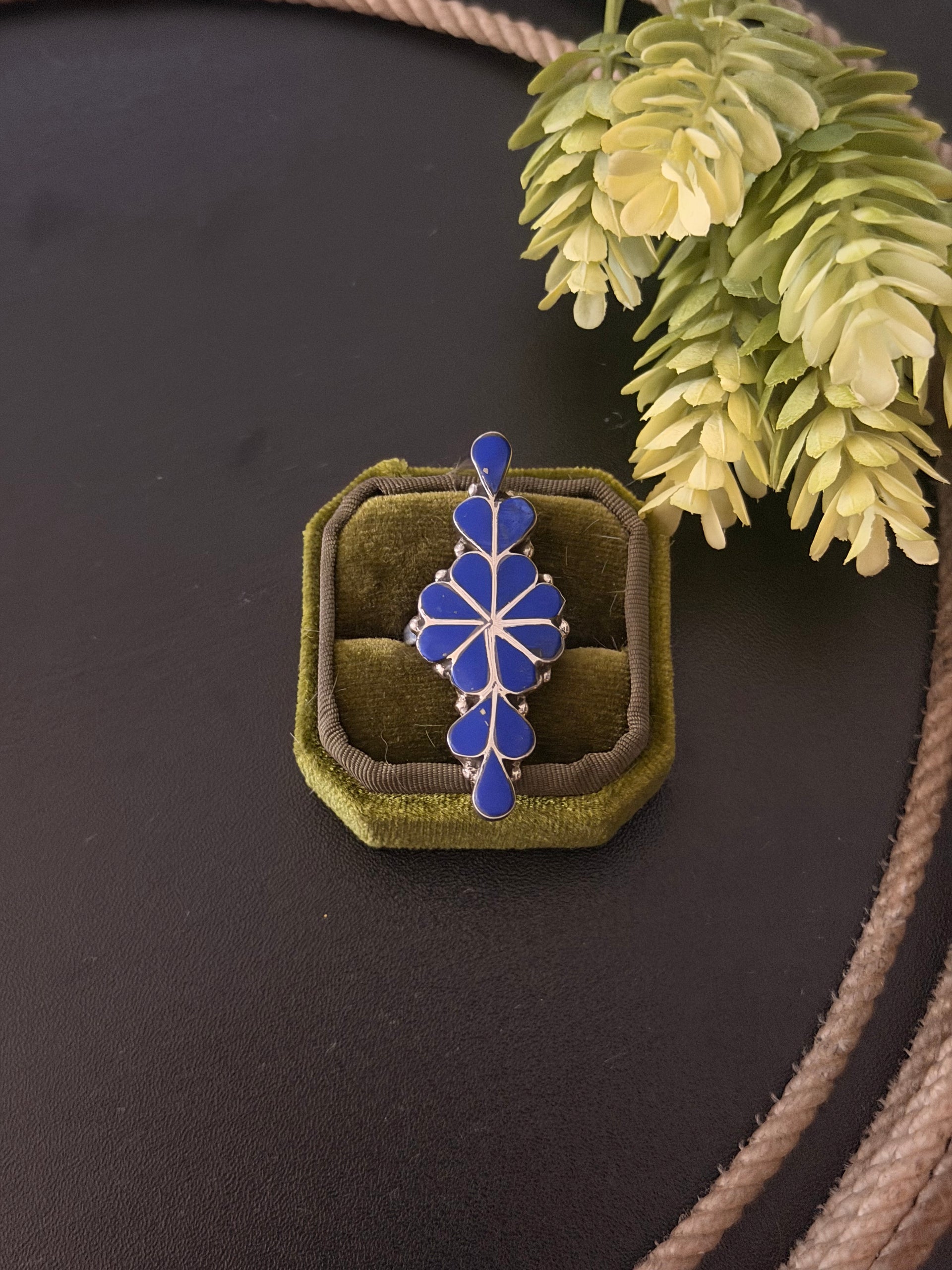 Zuni Made Lapis & Sterling Silver Inlay Ring Size 8.75