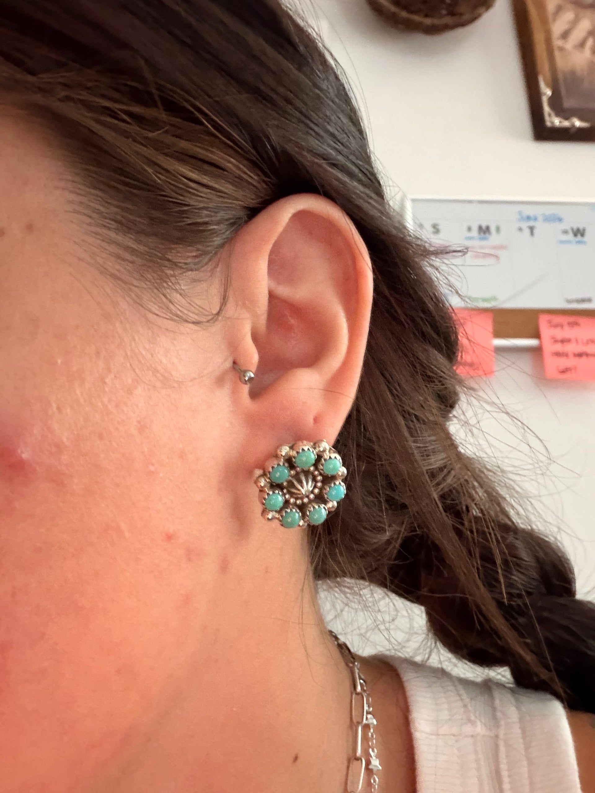 Navajo Made Kingman Turquoise & Sterling Silver Post Cluster Earrings