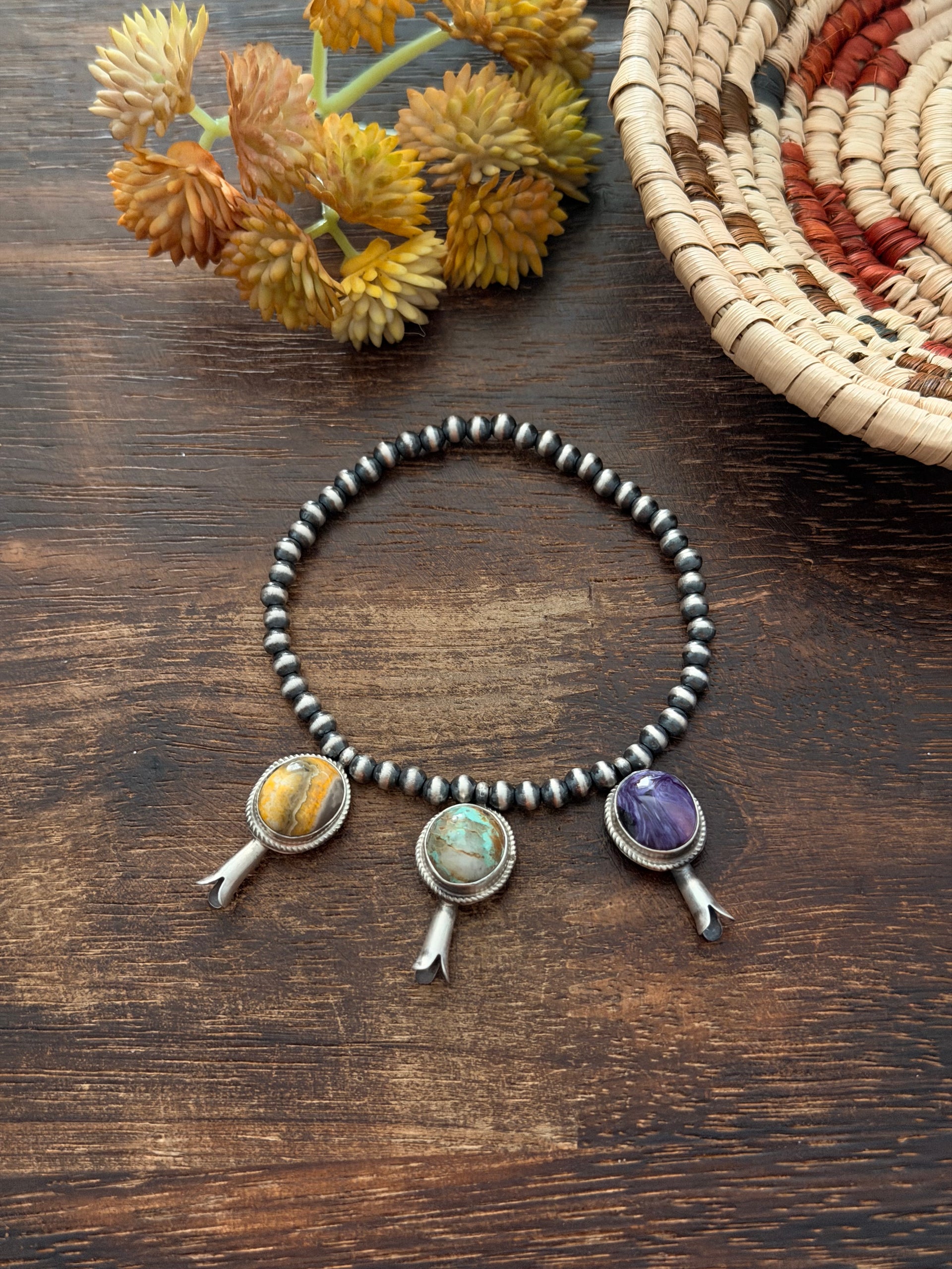 George Rios Multi Stone & Sterling Silver Hand Strung Pearl Beaded Stretch Bracelet