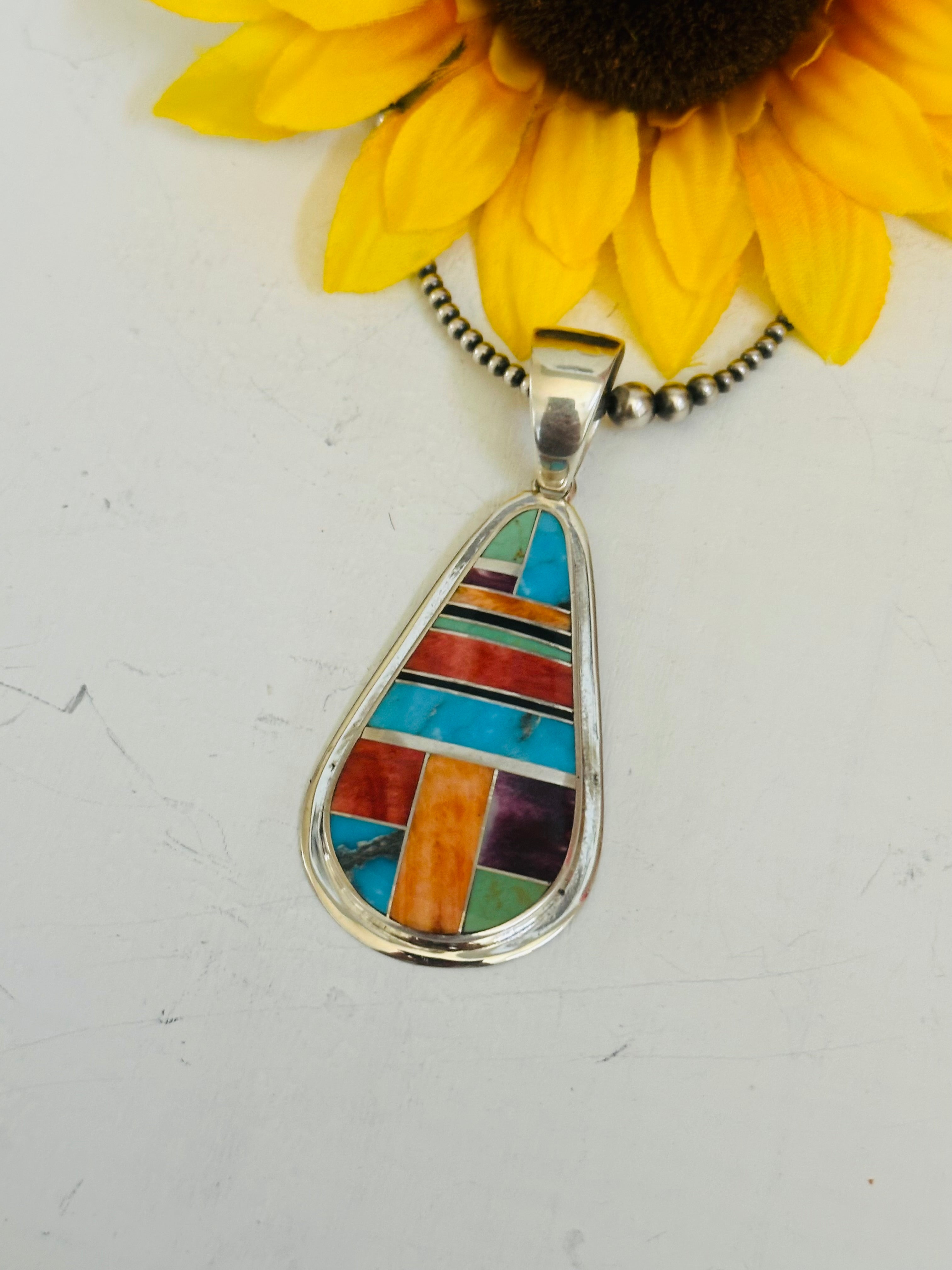 Navajo Made Multi Stone & Sterling Silver Inlay Pendant