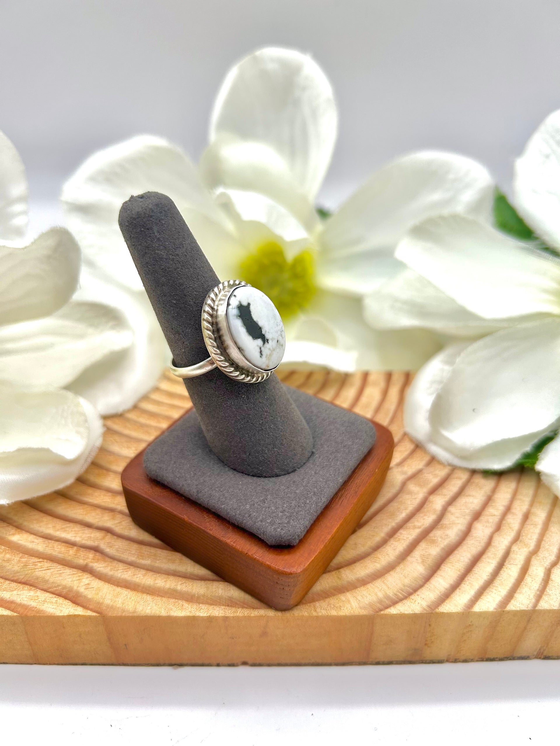 Navajo Made White Buffalo & Sterling Silver Adjustable Ring