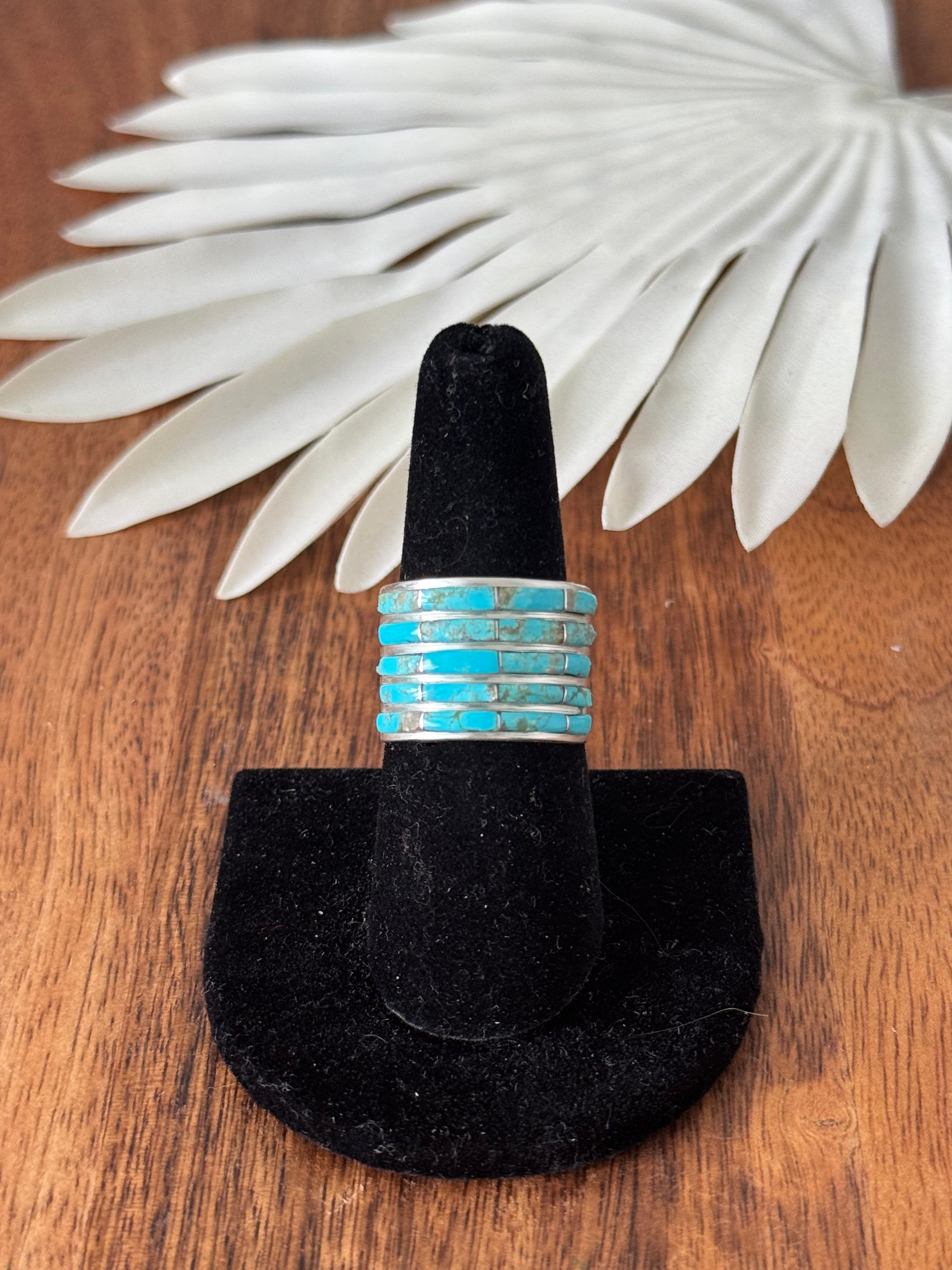 Navajo Made Kingman Turquoise & Sterling Silver Inlay Ring