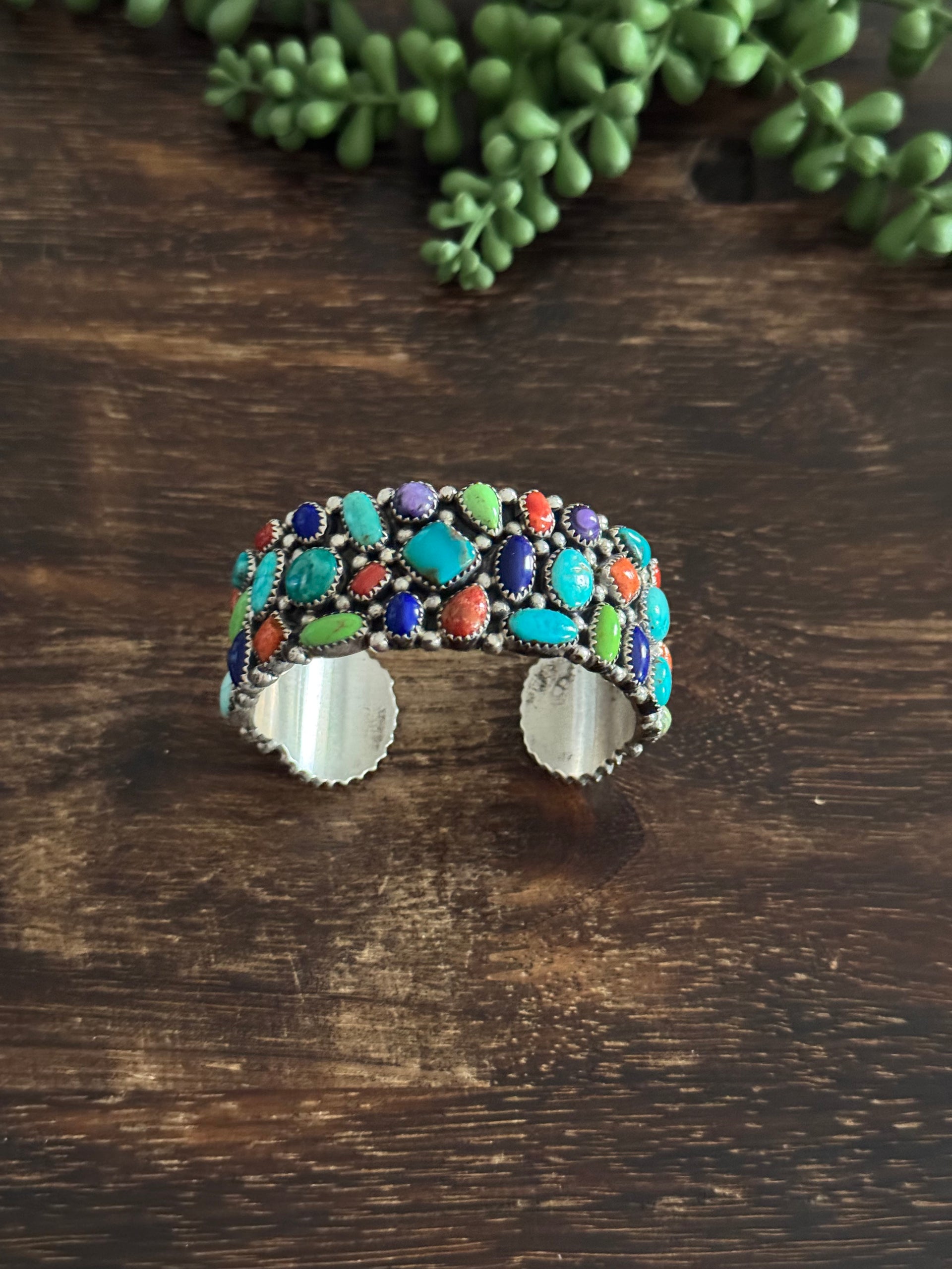 Vintage Navajo Made Multi Stone & Sterling Silver Cluster Cuff Bracelet