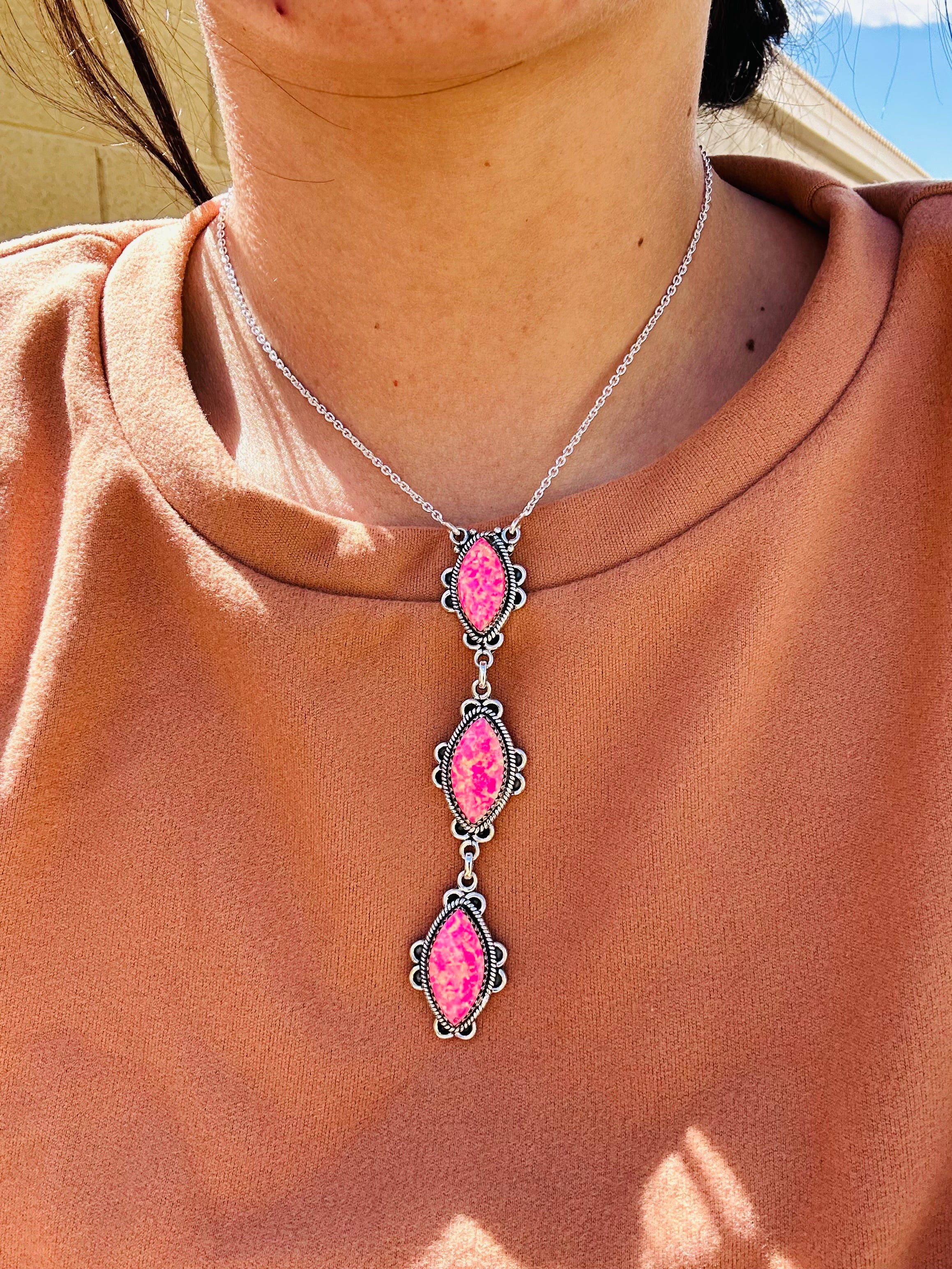 Southwest Handmade Hot Pink Opal & Sterling Silver Necklace