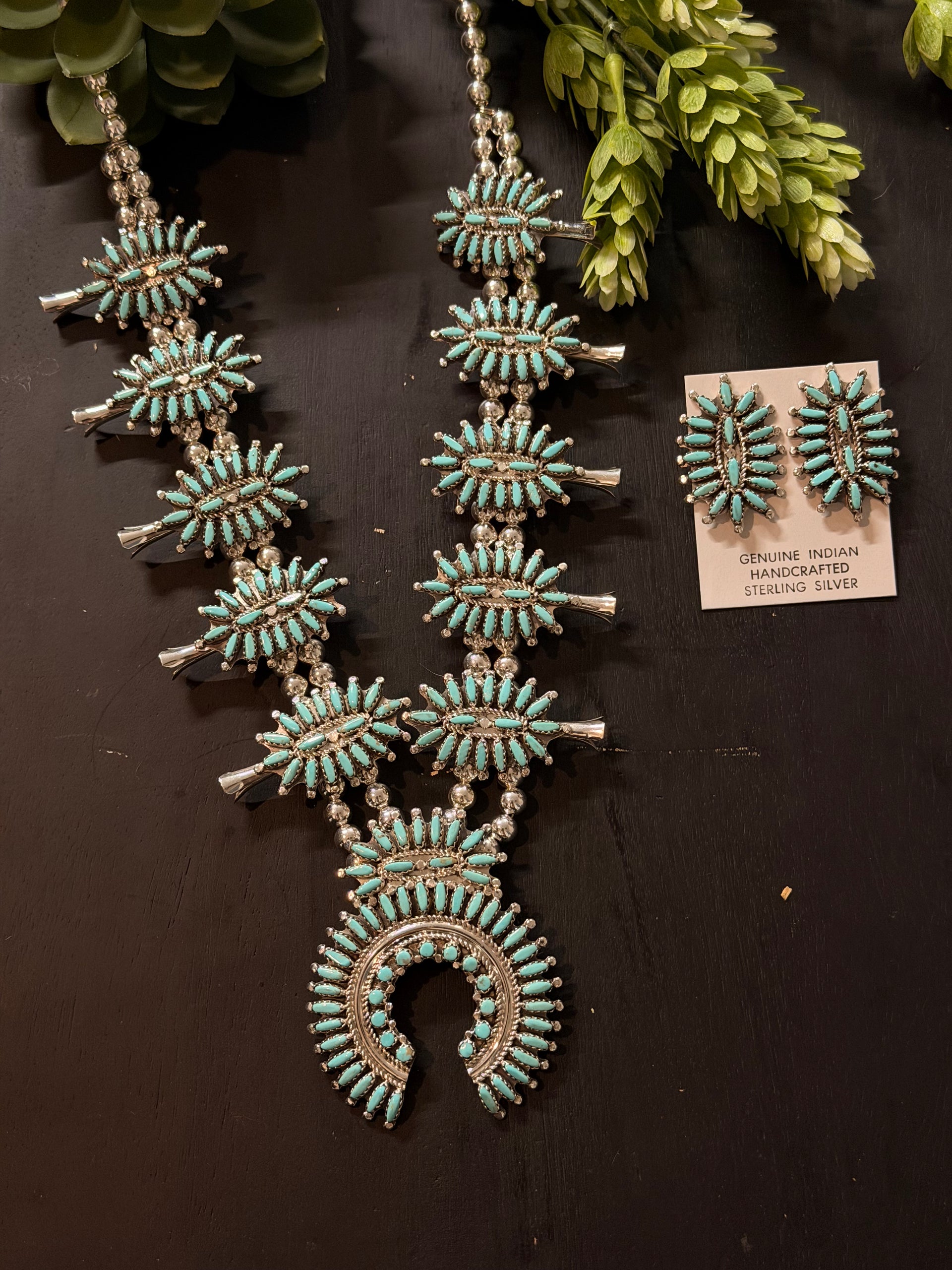 Nathaniel Nez Kingman Turquoise & Sterling Silver Squash Blossom Petite Necklace Set