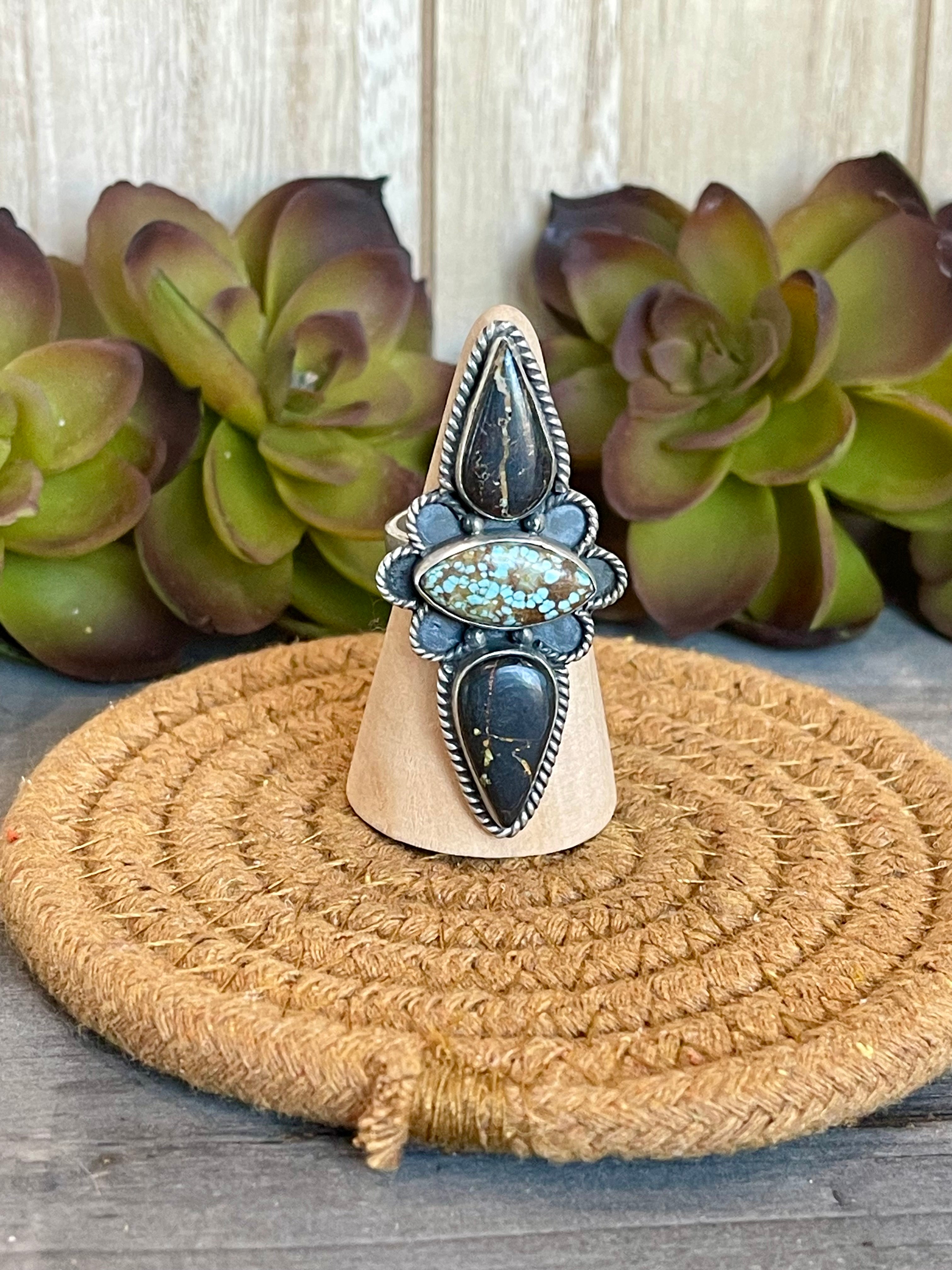 Southwest Handmade Black Jack And Number 8 Turquoise & Sterling Silver Adjustable Ring