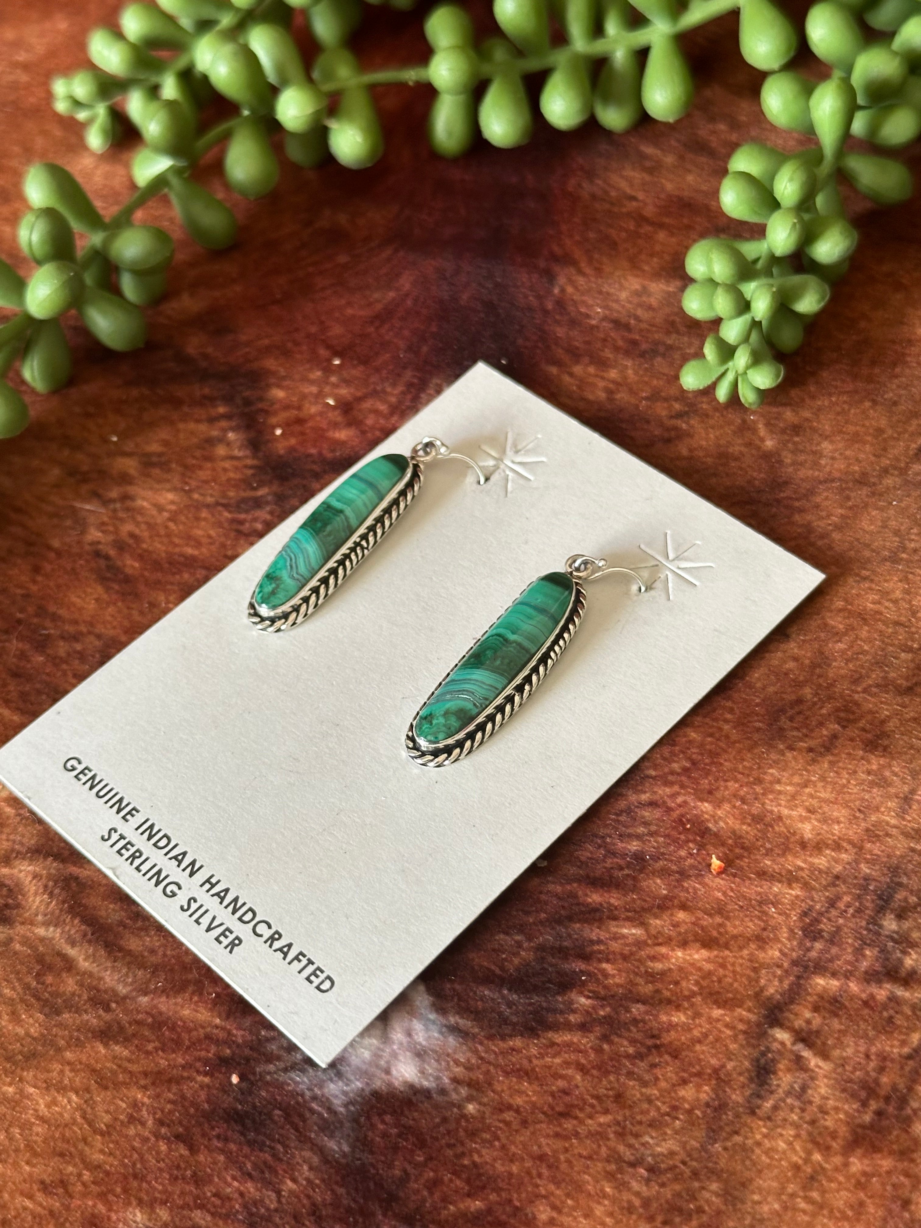 Navajo Handmade Malachite & Sterling Silver Dangle Earrings
