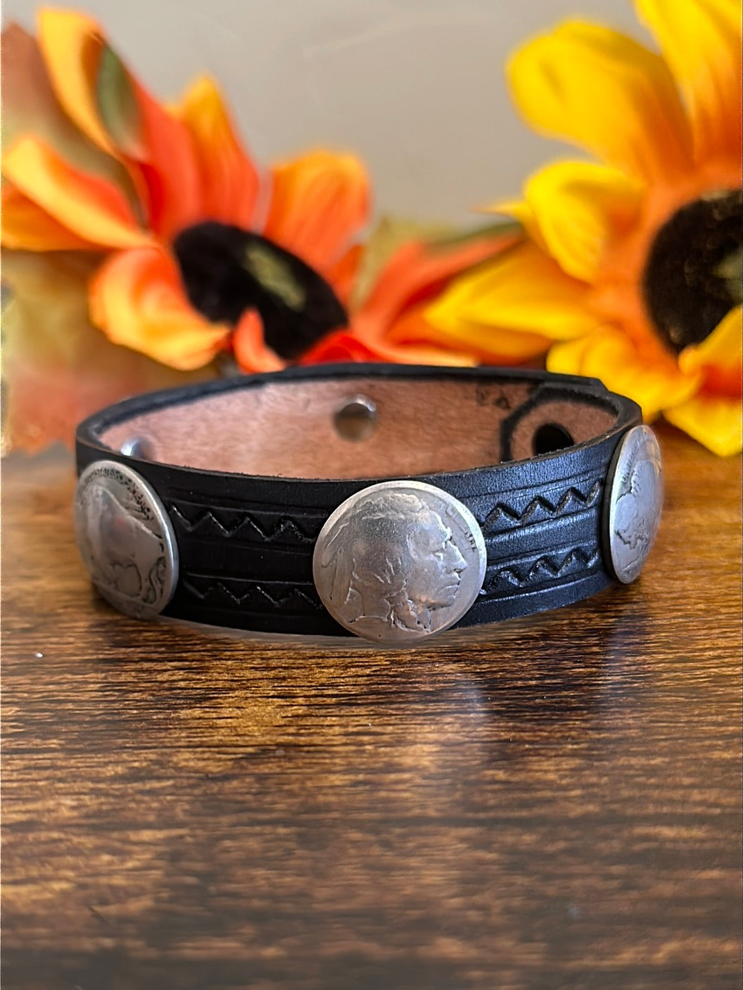 Navajo Made Leather & Sterling Silver Coin Bracelet