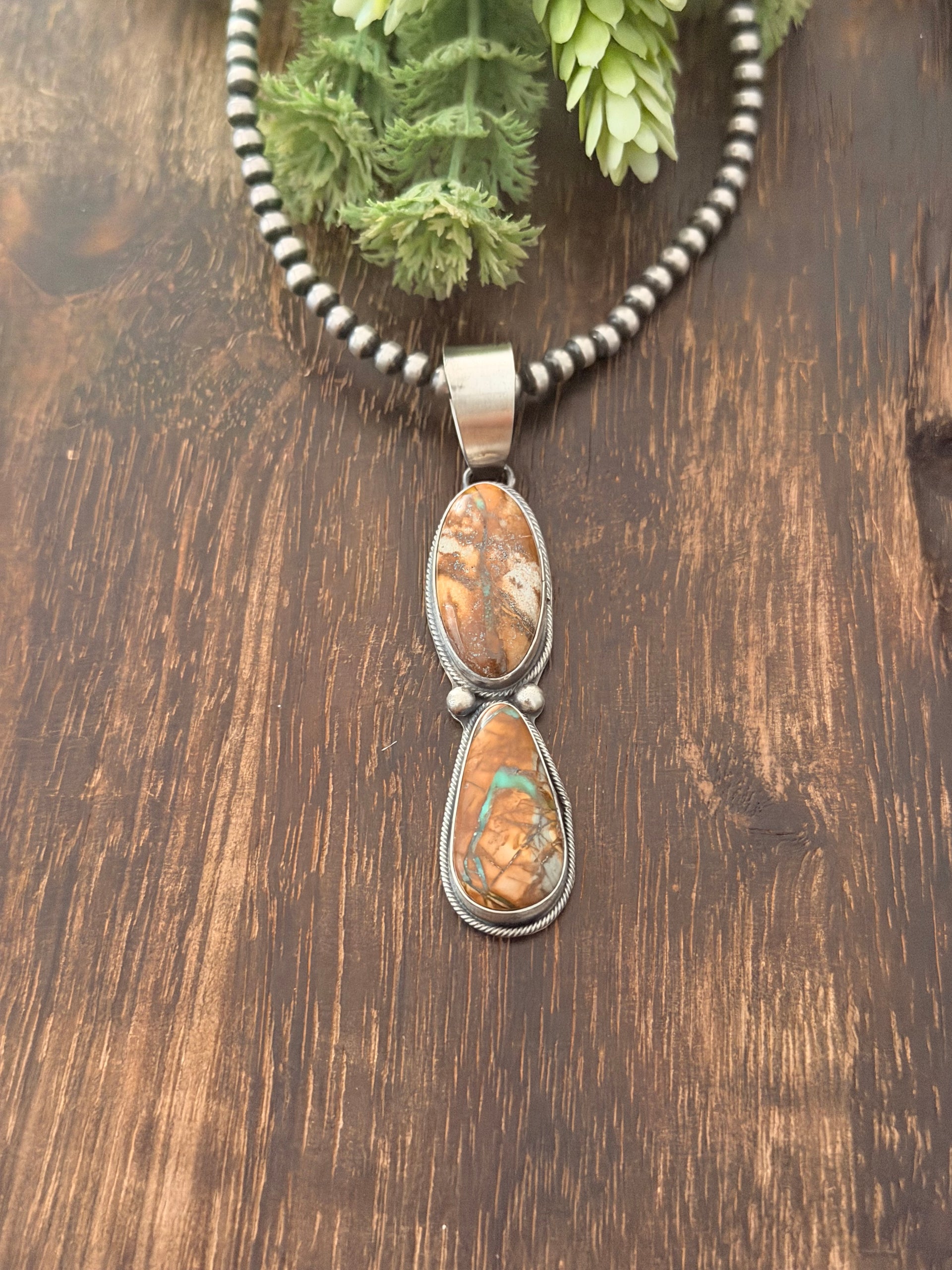 Navajo Made Ribbon Royston Turquoise & Sterling Silver Pendant