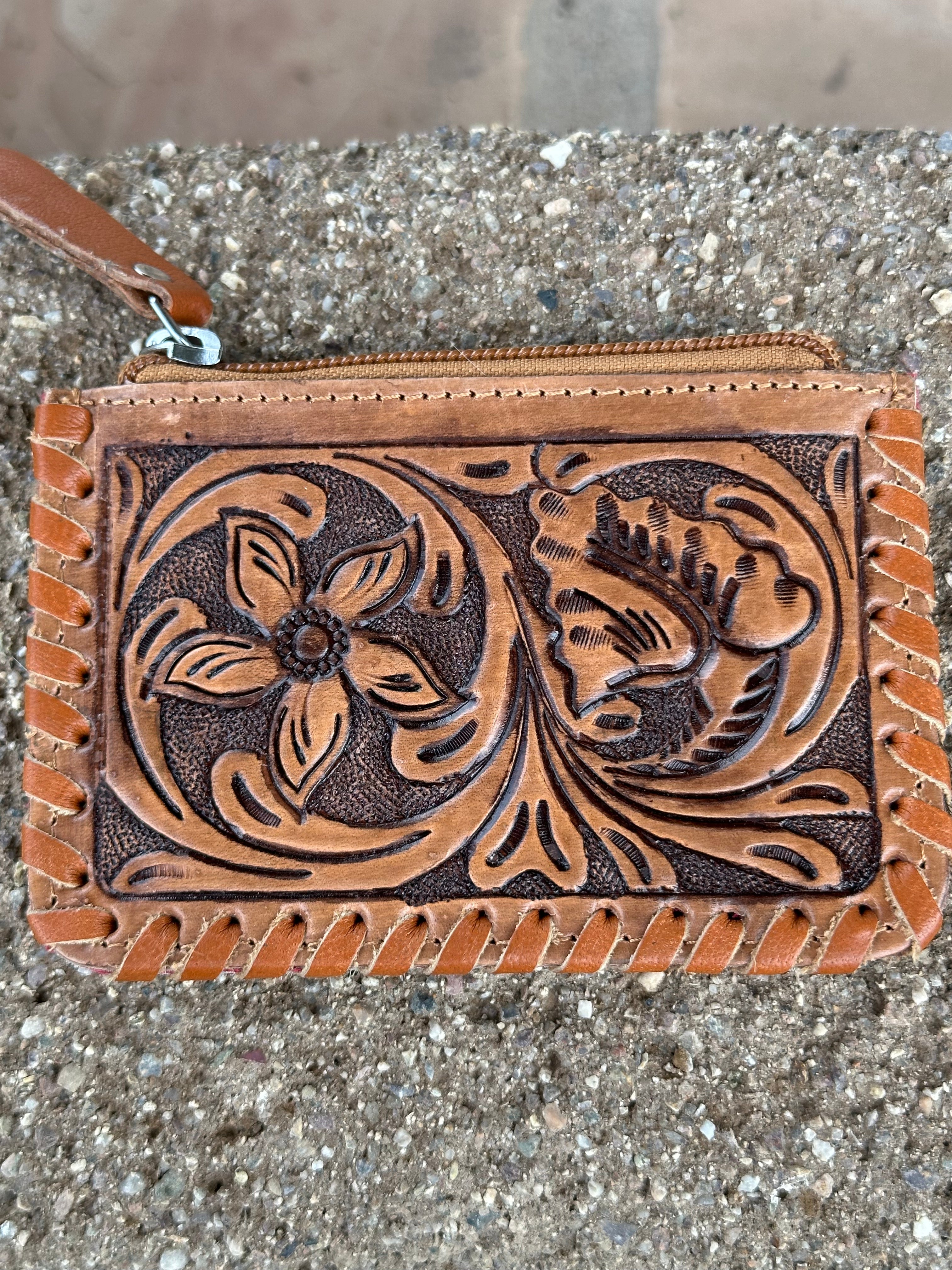 Genuine Tooled Leather Cowhide Coin Bag