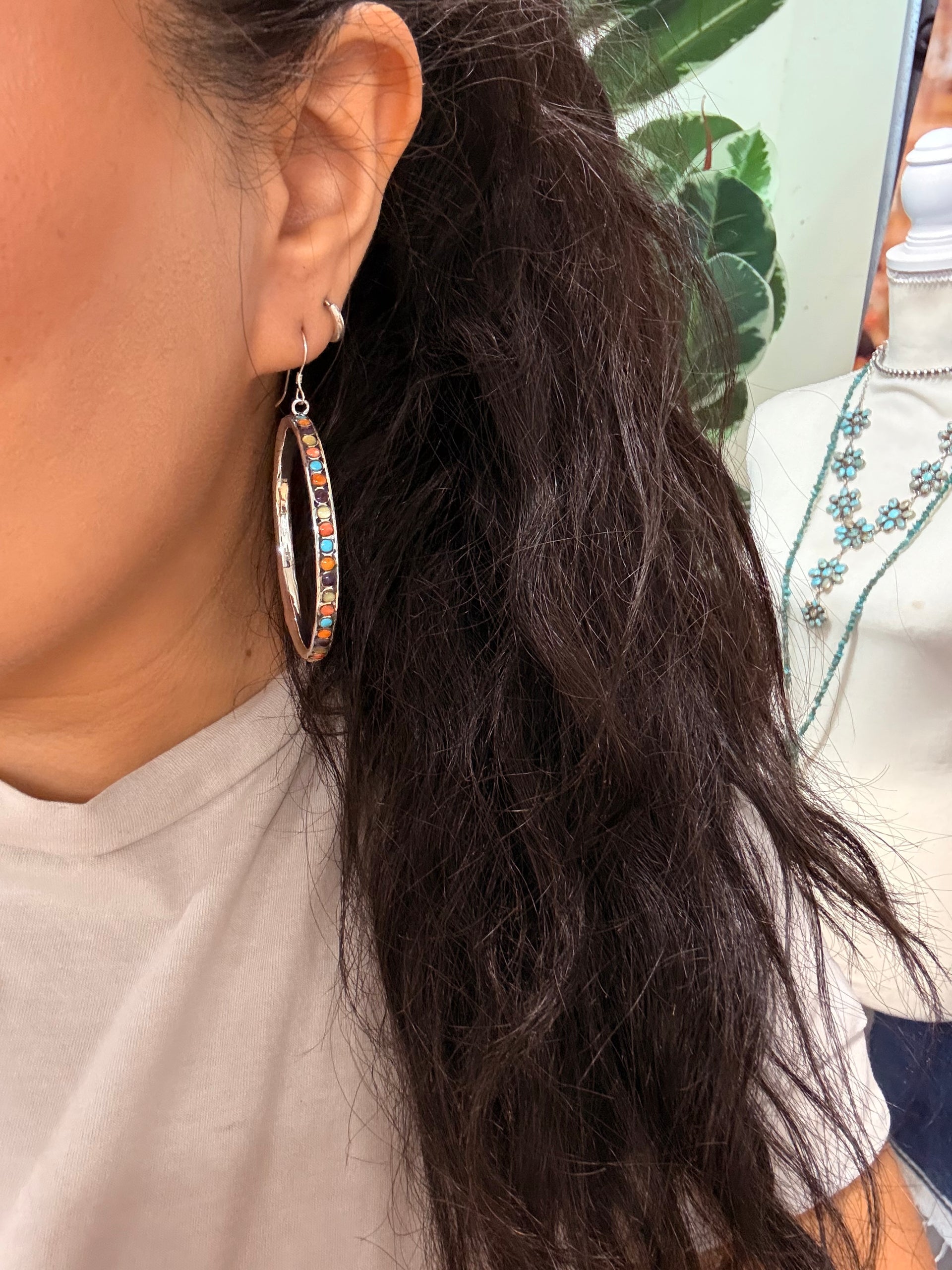 Southwest Handmade Multi Stone & Sterling Silver Dangle Hoop Earrings