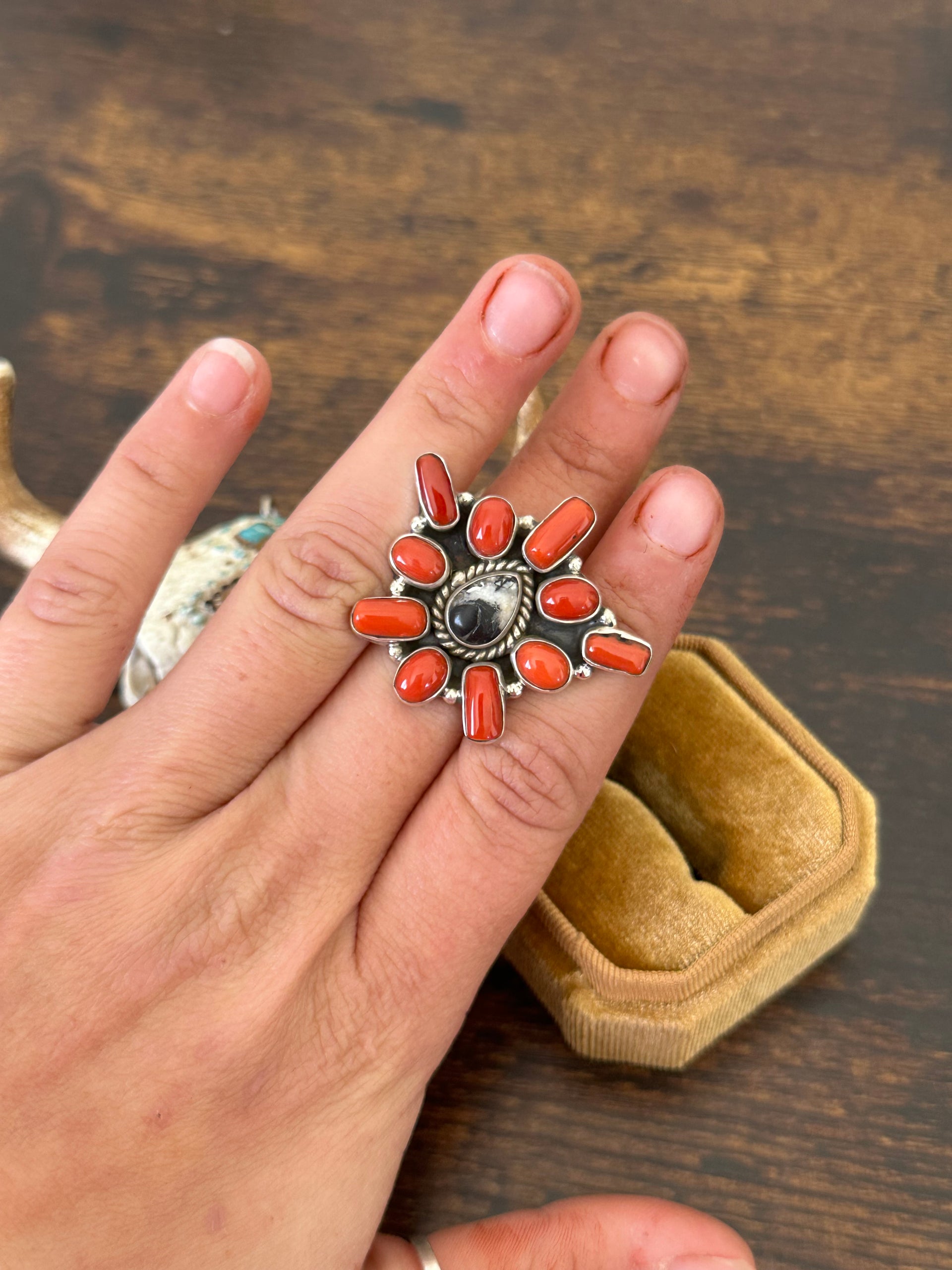 Southwest Handmade Multi Stone & Sterling Silver Cluster Adjustable Ring