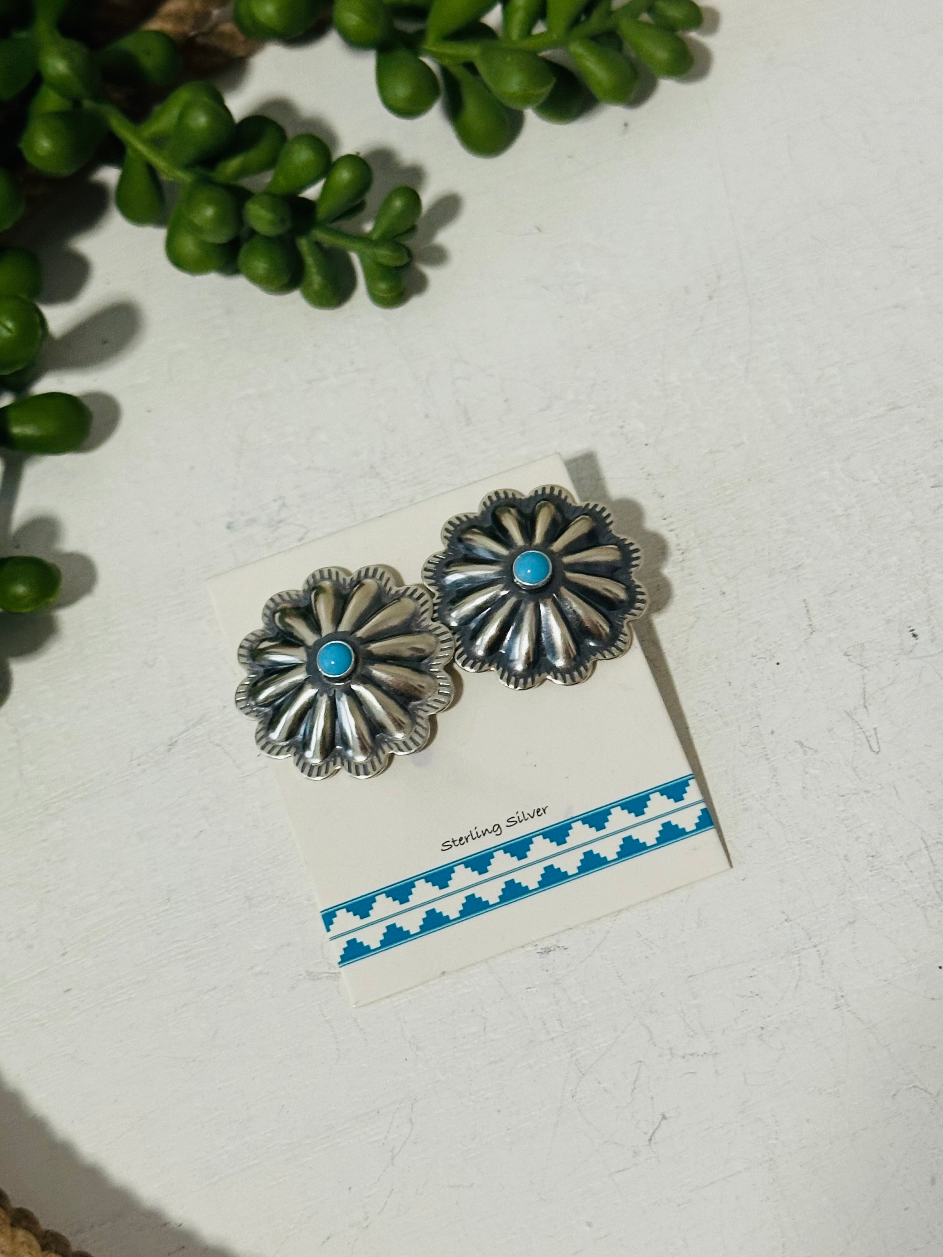 Navajo Made Kingman Turquoise & Sterling Silver Post Concho Earrings