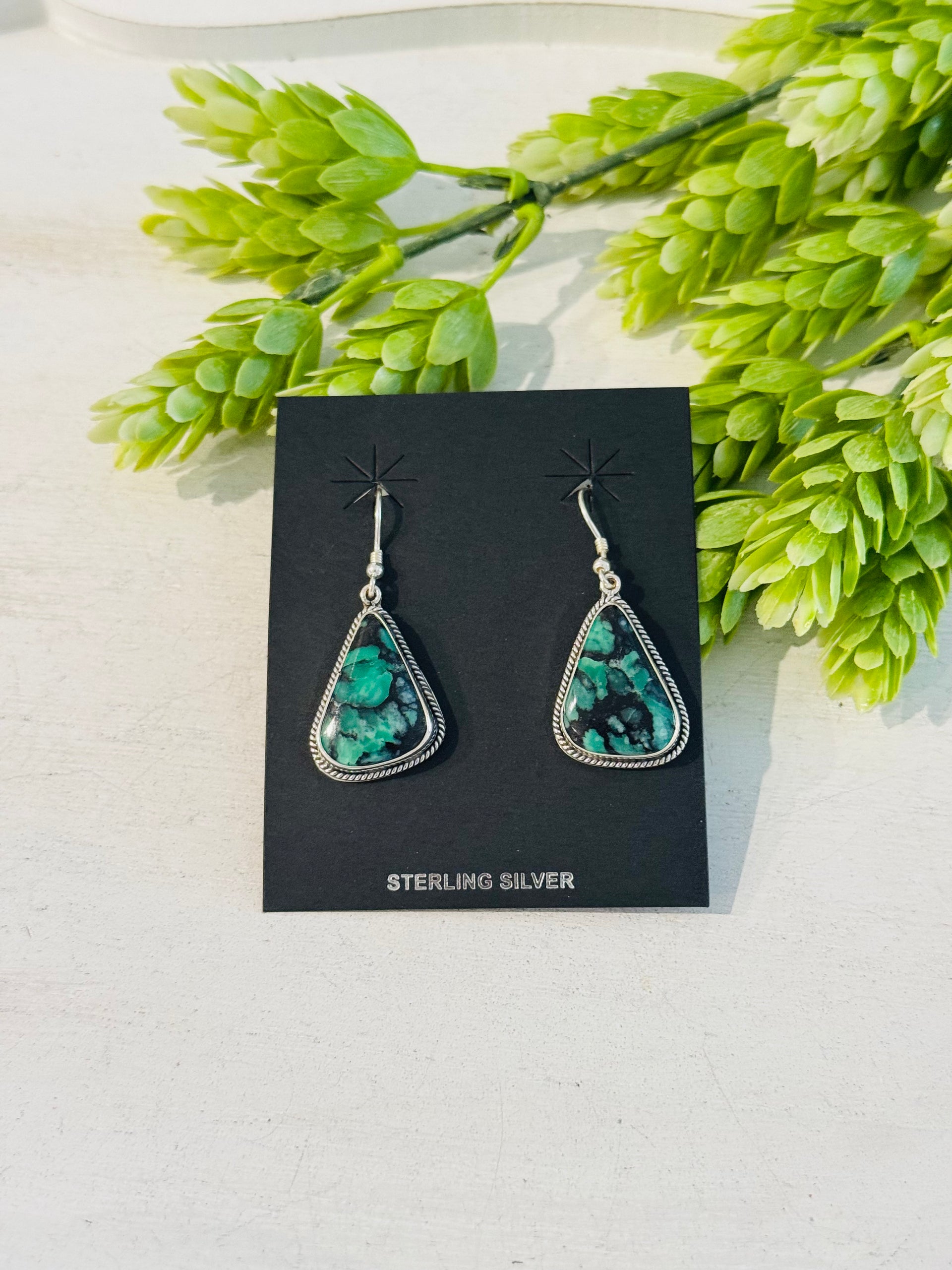 Southwest Handmade Emerald Rose Variscite & Sterling Silver Dangle Earrings