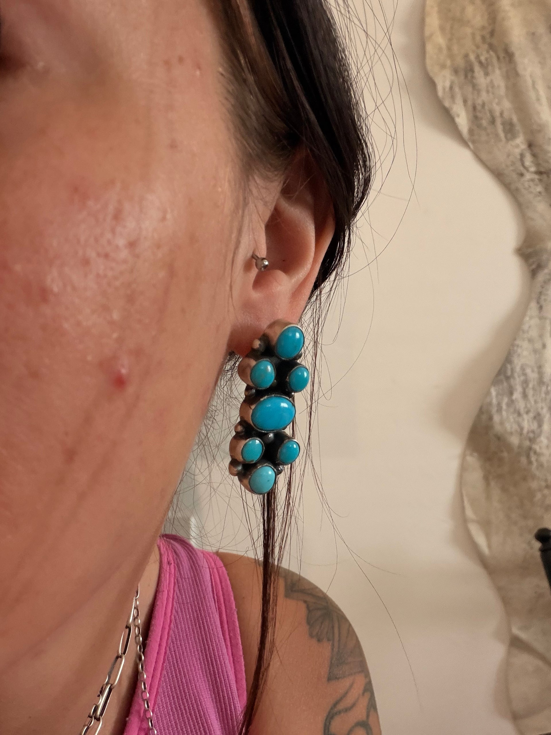Sheila Becenti Kingman Turquoise & Sterling Silver Post Dangle Cluster Earrings
