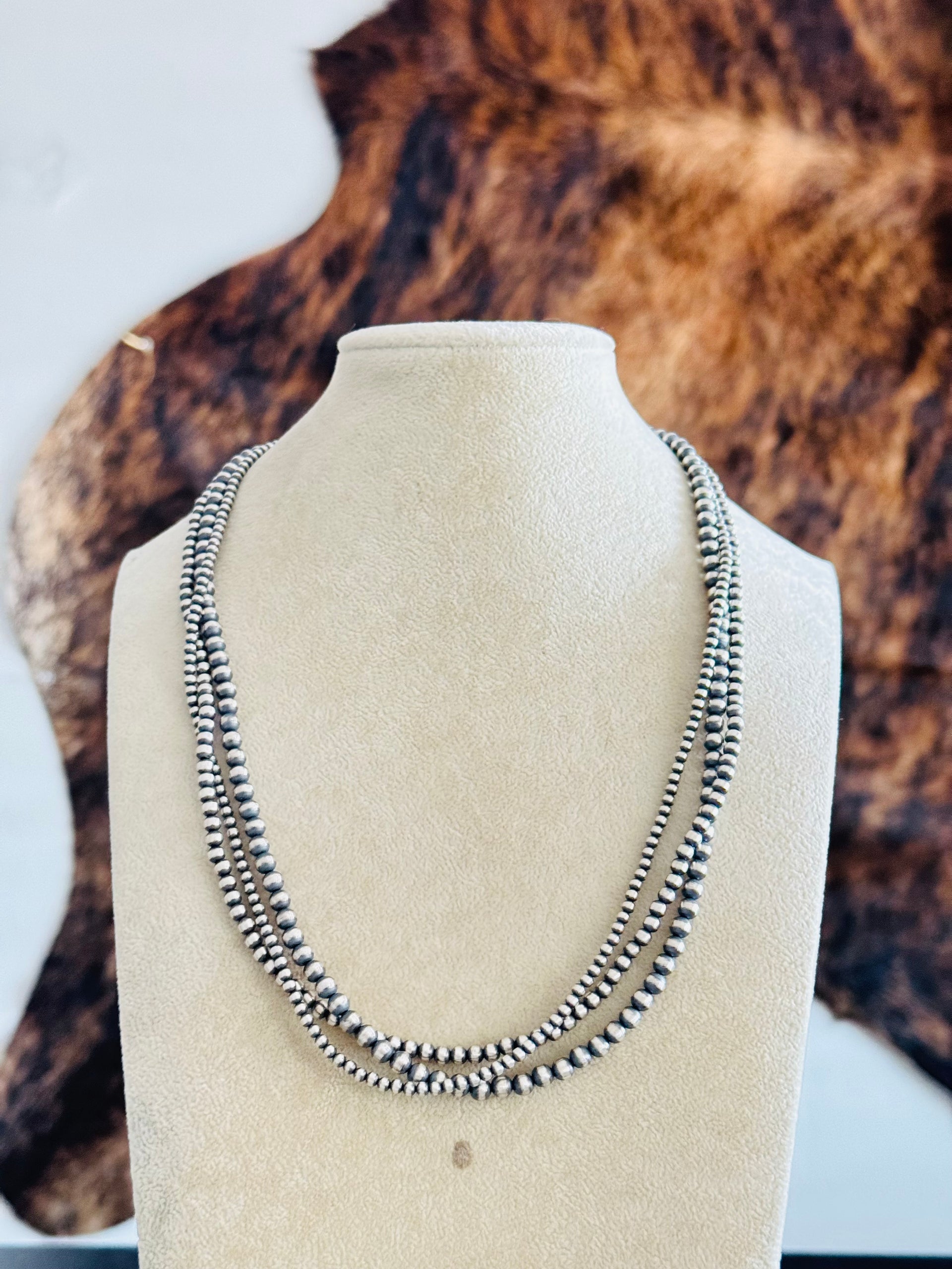 Navajo Strung 3 Strand Sterling Silver Pearls Beaded Necklace